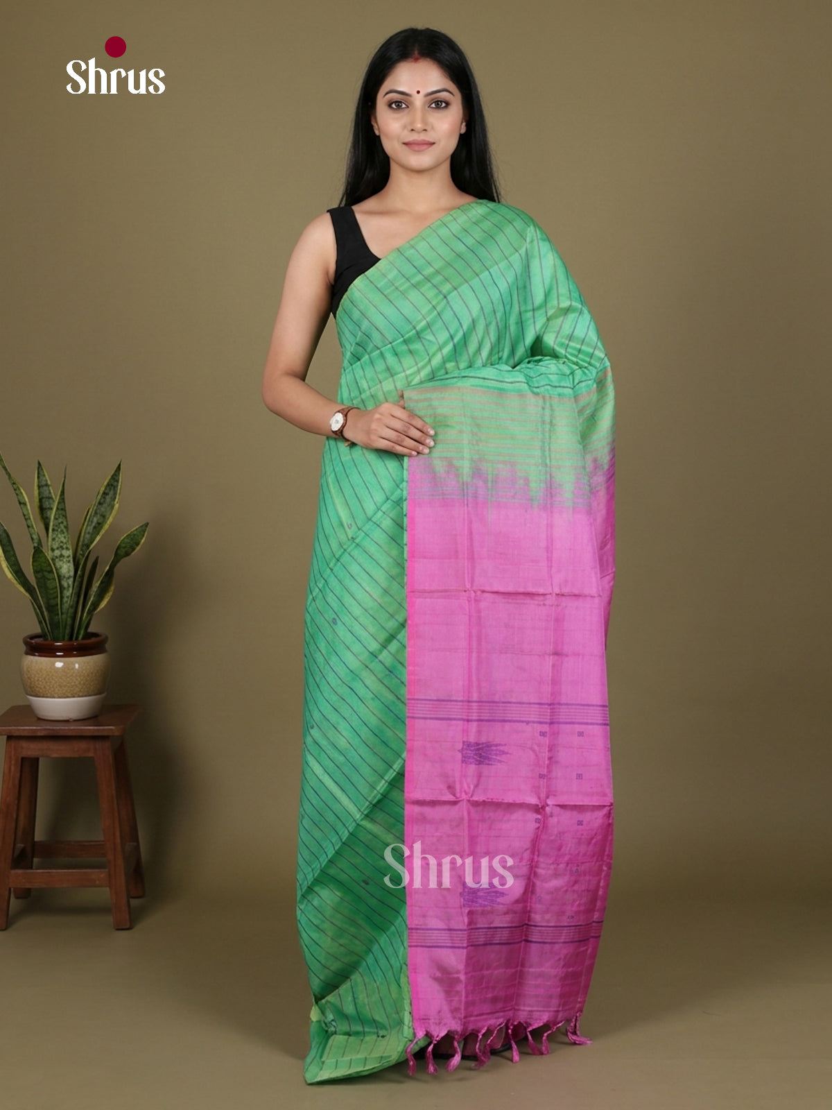 Buy Classy Sea Green Banana Pith Saree With Thread Woven Stripes & Rose Pink Pallu