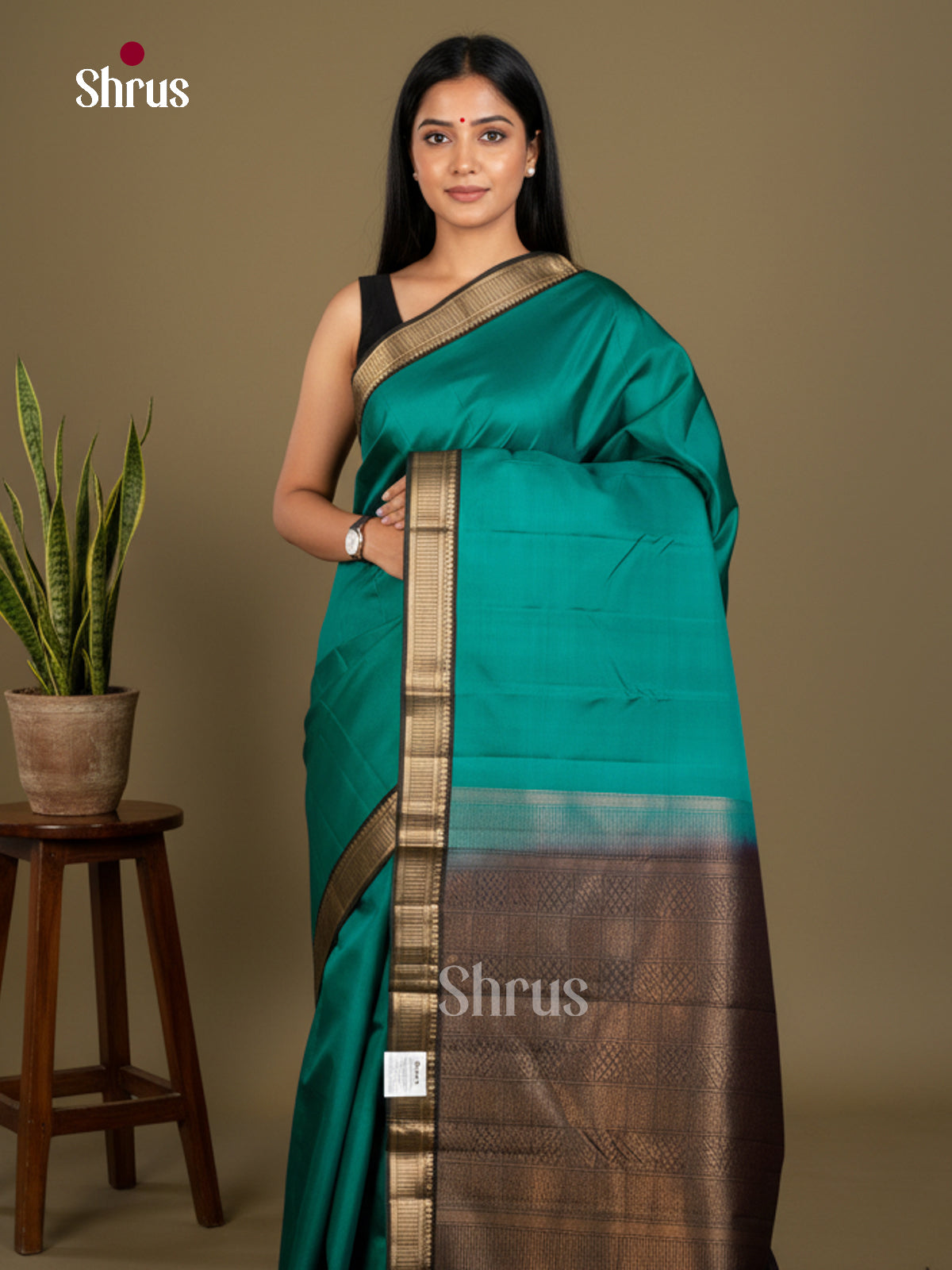 Buy Chic Sea Green Kanchipuram Saree With Plain Body, Small Zari Border & Black Brocade Pallu