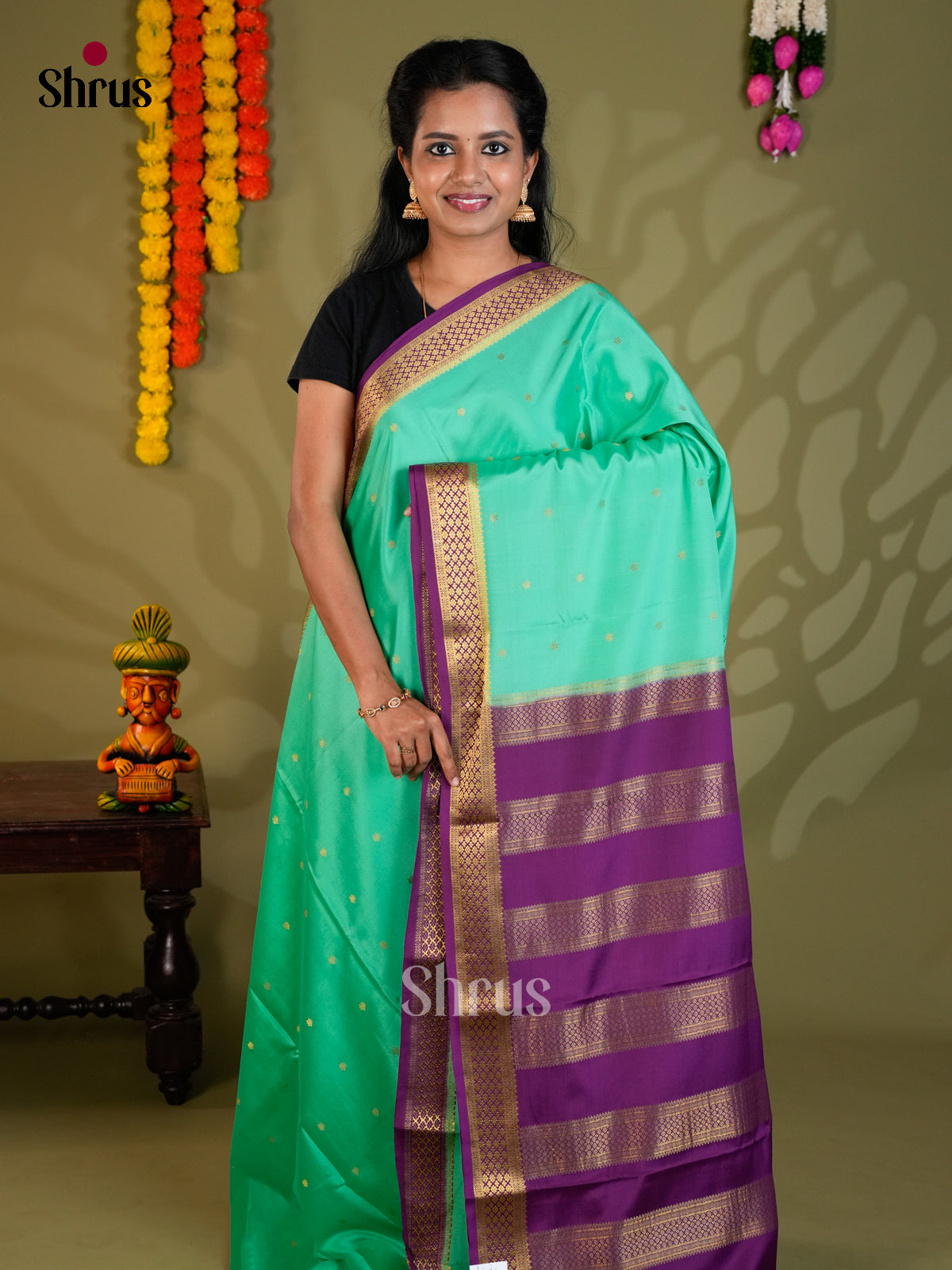 Buy Chic Sea Green Mysore Silk Saree with Golden Buttas, Small Zari Border & Violet Striped Pallu