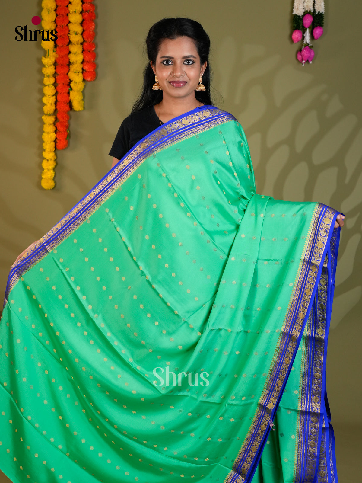 Buy Vivid Sea Green Mysore Silk Sarees with Gold Buttas, Royal Blue Border & Striped Pallu