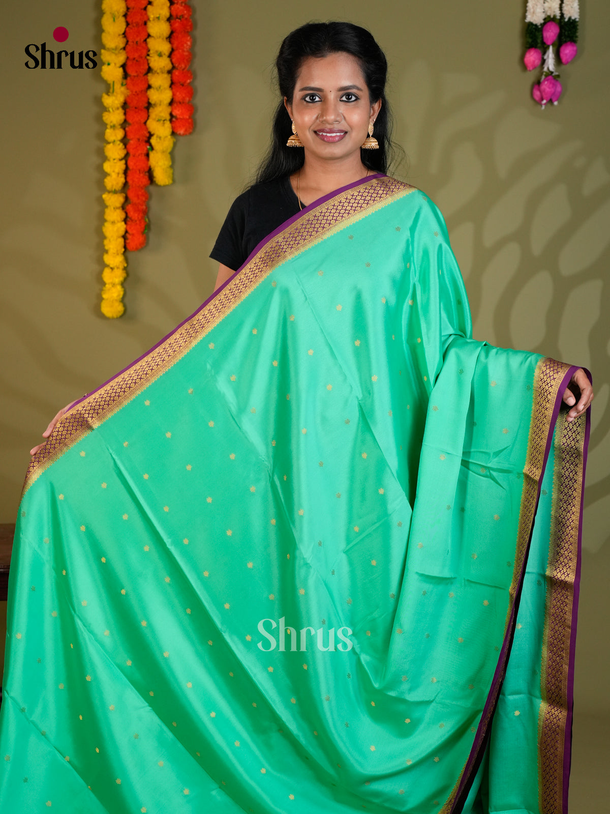 Buy Chic Sea Green Mysore Silk Sarees with Golden Buttas, Small Zari Border & Violet Striped Pallu