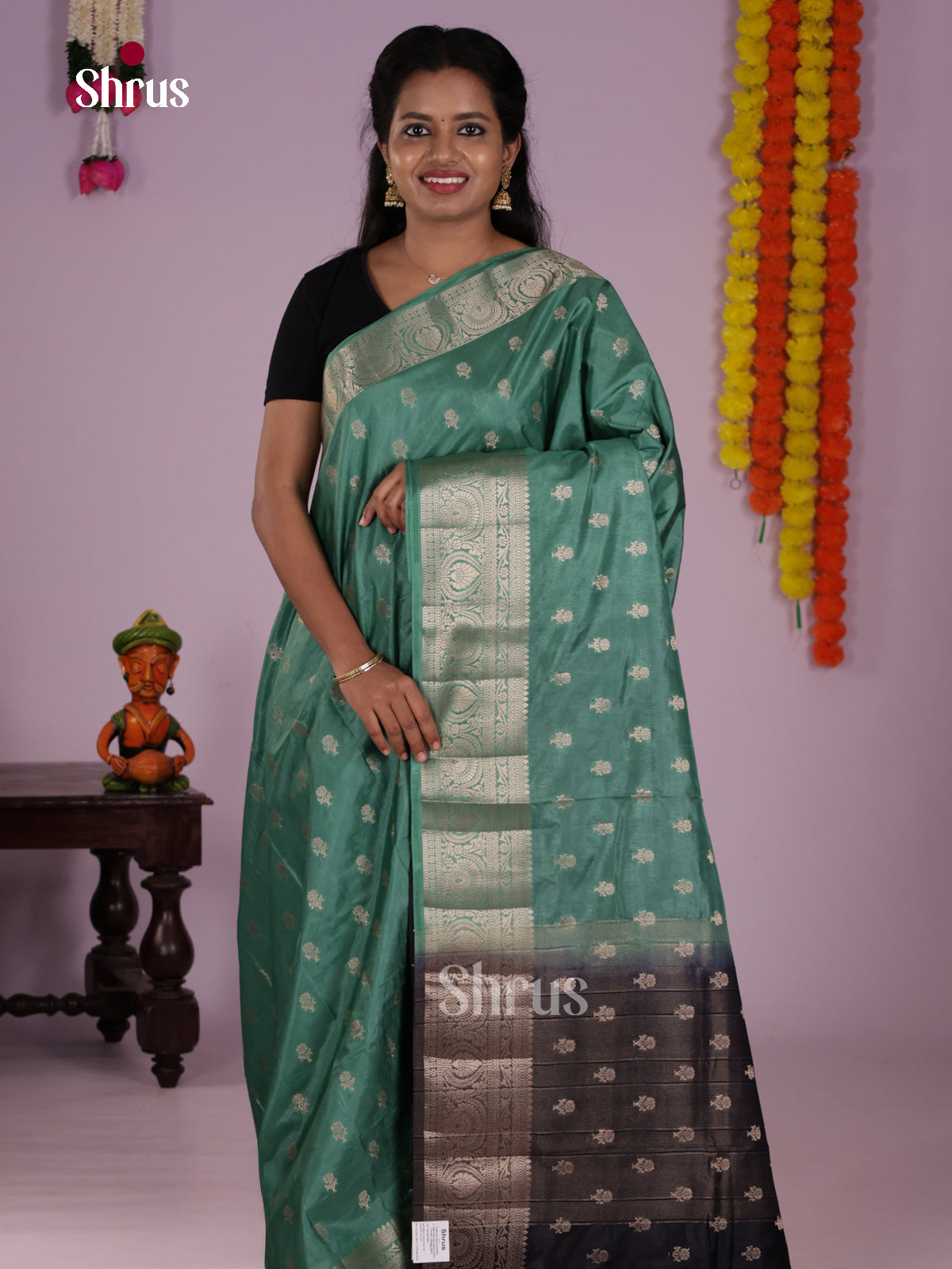 Buy Enchanting Sea Green North Silk Cotton Saree With Zari Buttas & Black Pallu