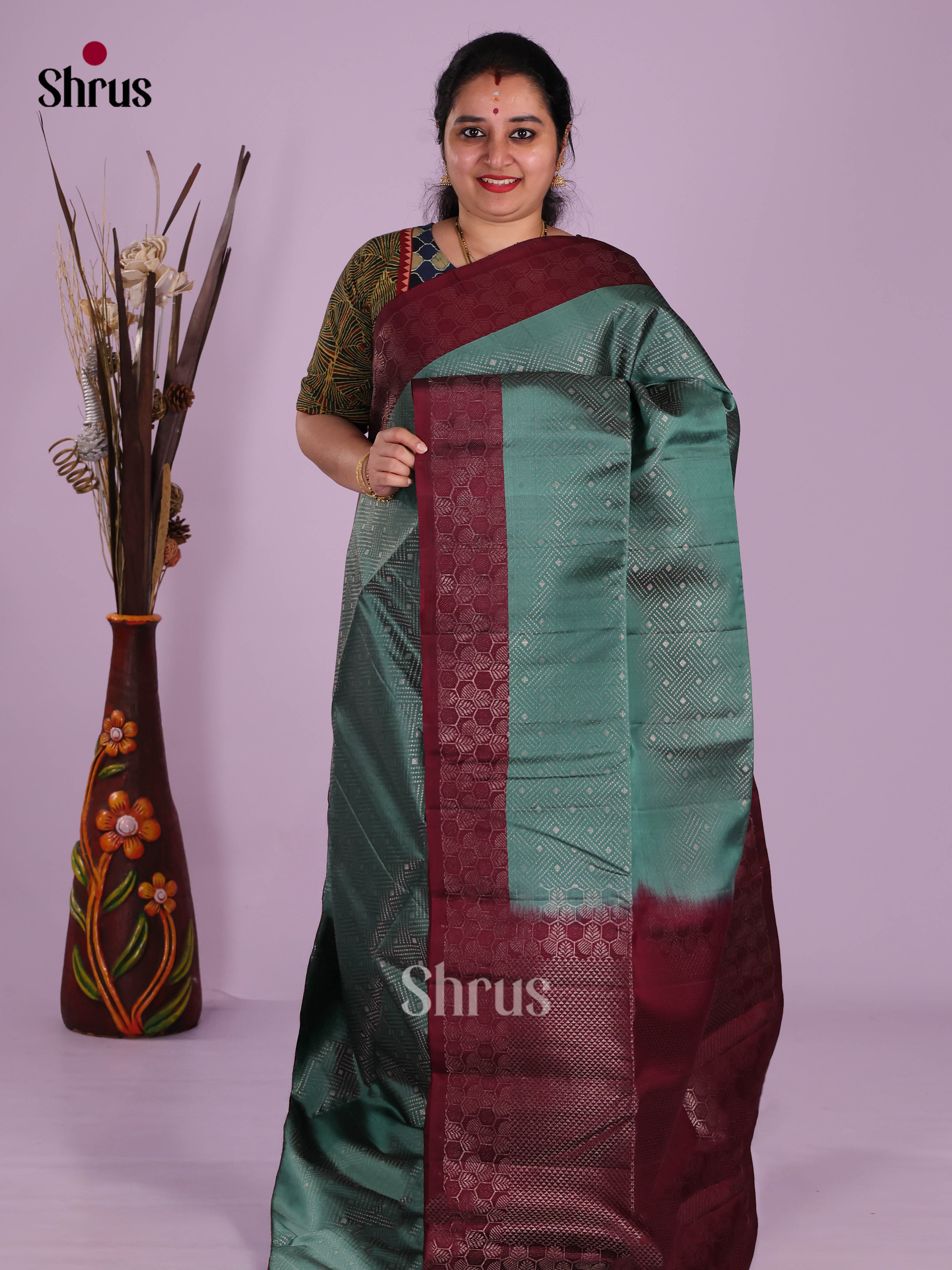 Buy Regal Sea Green Soft Silk Saree With Silver Geometric Pattern, Deep Maroon Border & Brocade Pallu