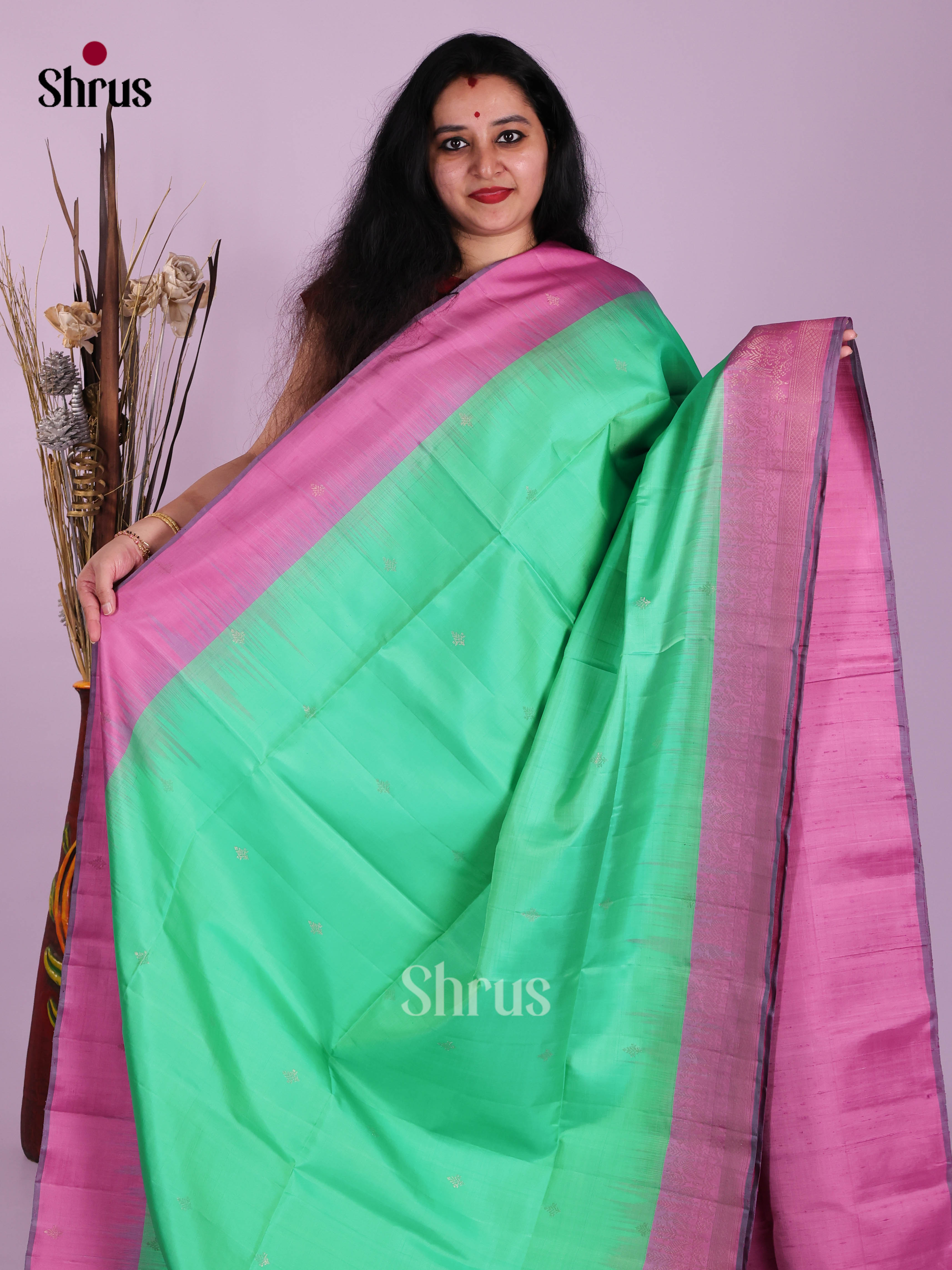 Buy Chic Sea Green Soft Silk Sarees with Golden Buttas & Baby Pink Zari Brocade Border & Pallu