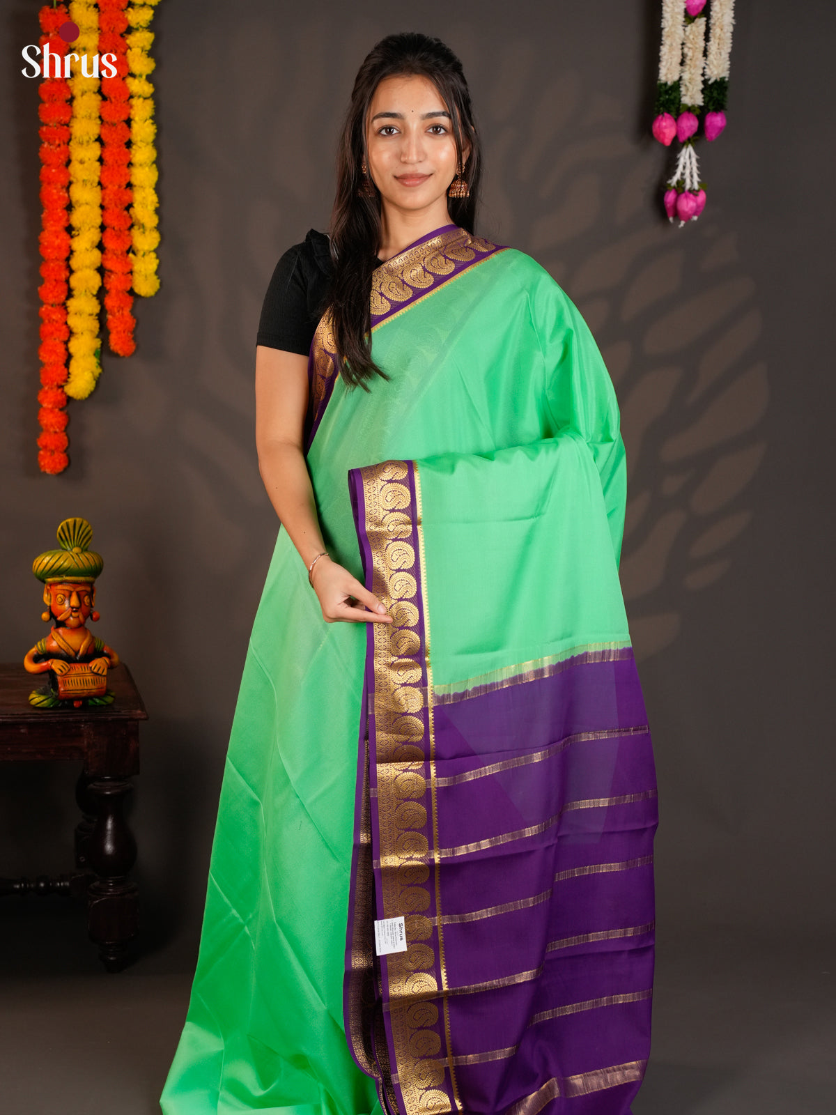 Buy Unique Sea green Mysore Silk Saree with Paisley Motifs Woven Violet Zari Border & Chit Pallu