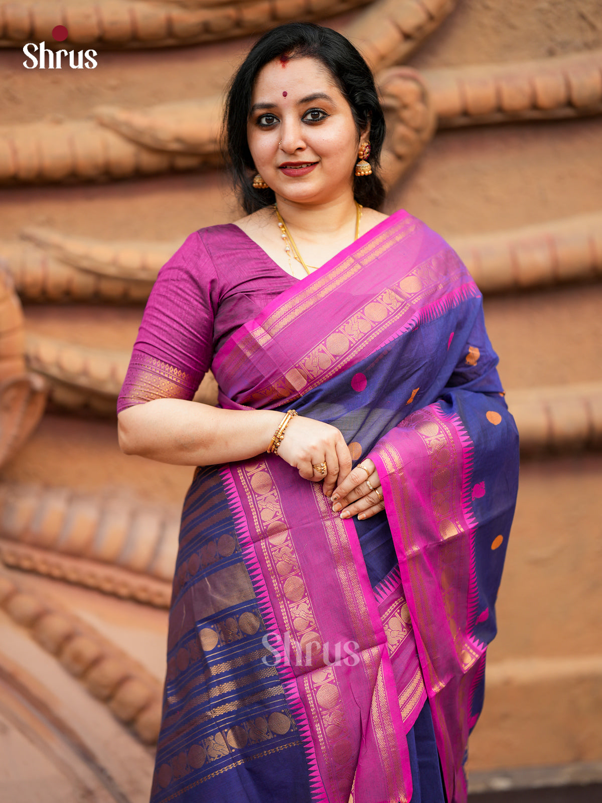 Serene Blue Chettinad Cotton Sarees With Thread Buttas, Purple Rettapet Border & Zari Striped Pallu