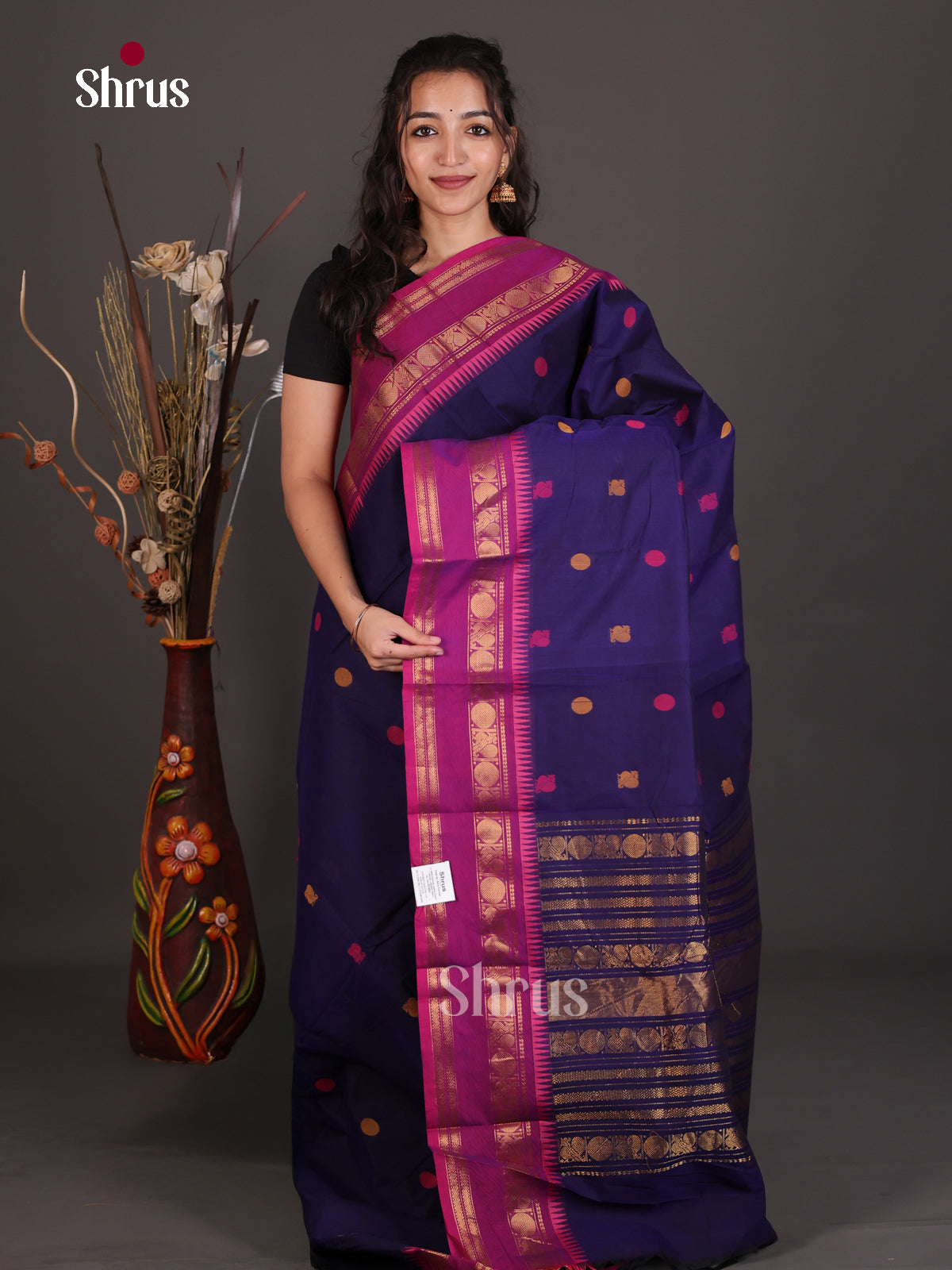 Serene Blue Chettinad Sarees With Thread Buttas, Purple Rettapet Border & Zari Striped Pallu