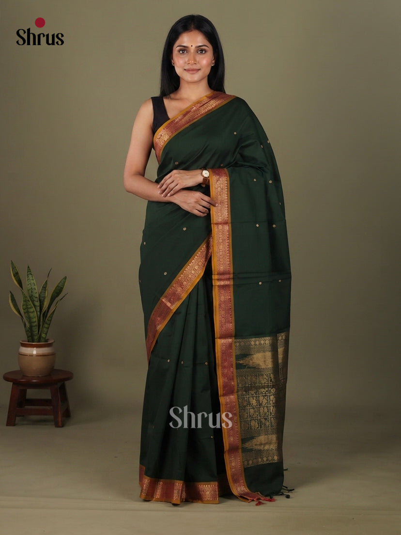 Serene Bottle Green Chettinad Cotton Saree With Small Buttas & Mustard Zari Border