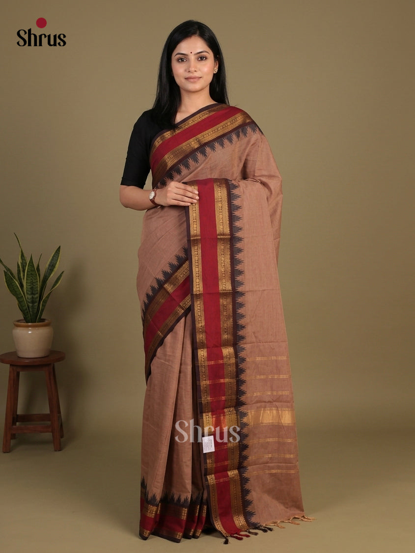 Serene Light Brown Chettinad Cotton Saree With Plain Body & Maroon Rettapet Zari Border With Temple Pattern