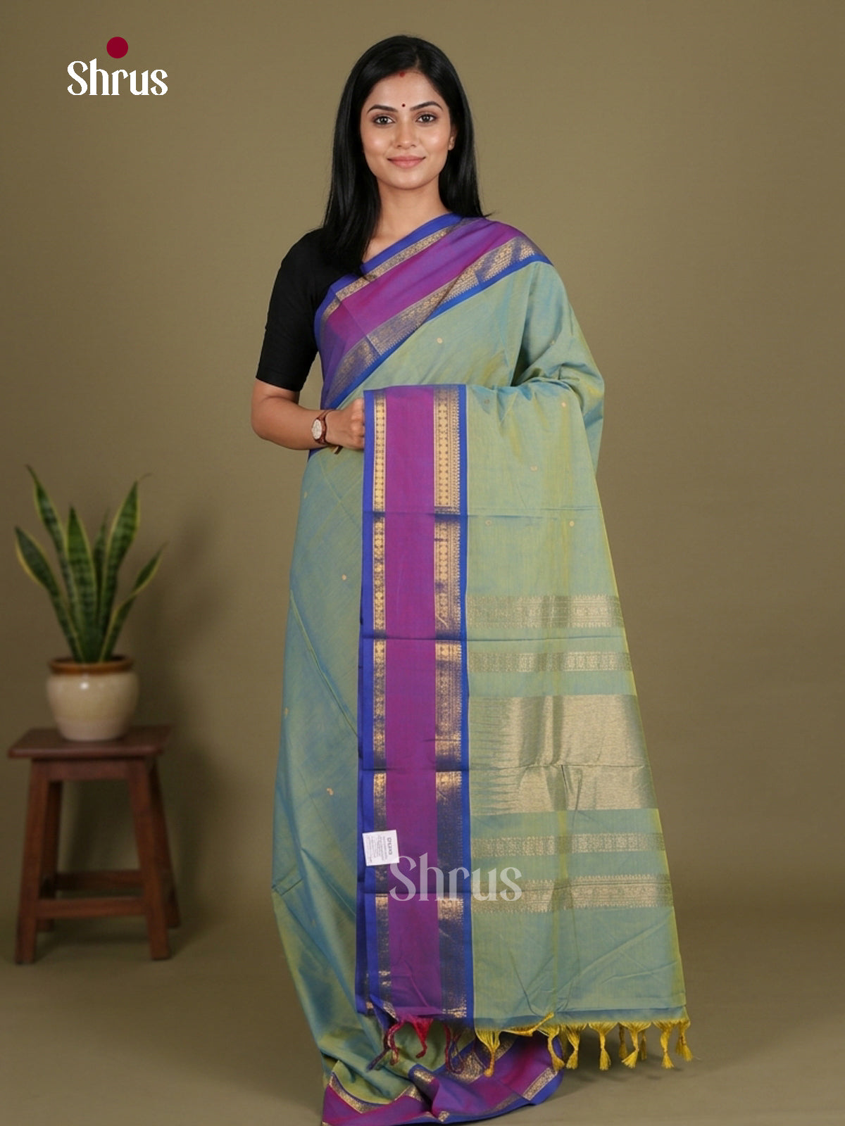 Serene Light Sea Green Chettinad Cotton Saree With Zari Buttas & Purple Rettapet Border