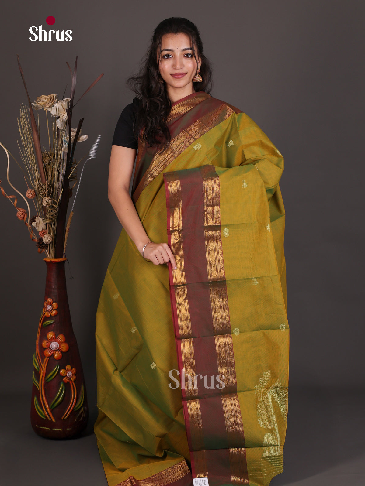 Serene Olive Green Chettinad Cotton Saree With Gold Buttas & Maroon Rettapet Zari Border
