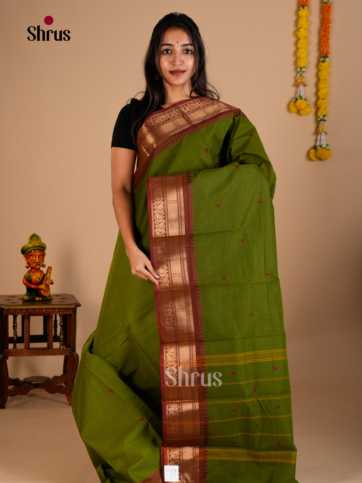 Serene Olive Green Chettinad Cotton Saree With Red Buttas & Maroon Temple Zari Border