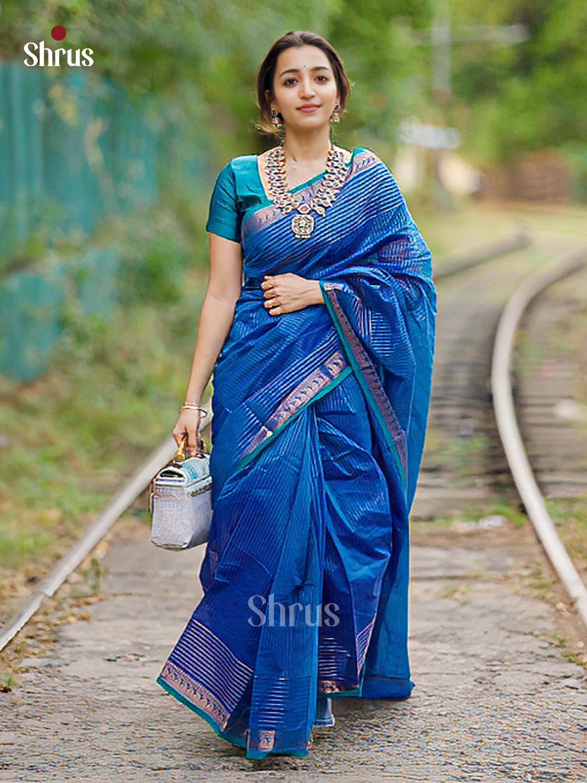 Sheeny Blue Chettinad Cotton Saree With Gold Stripes & Zari Woven Small Border