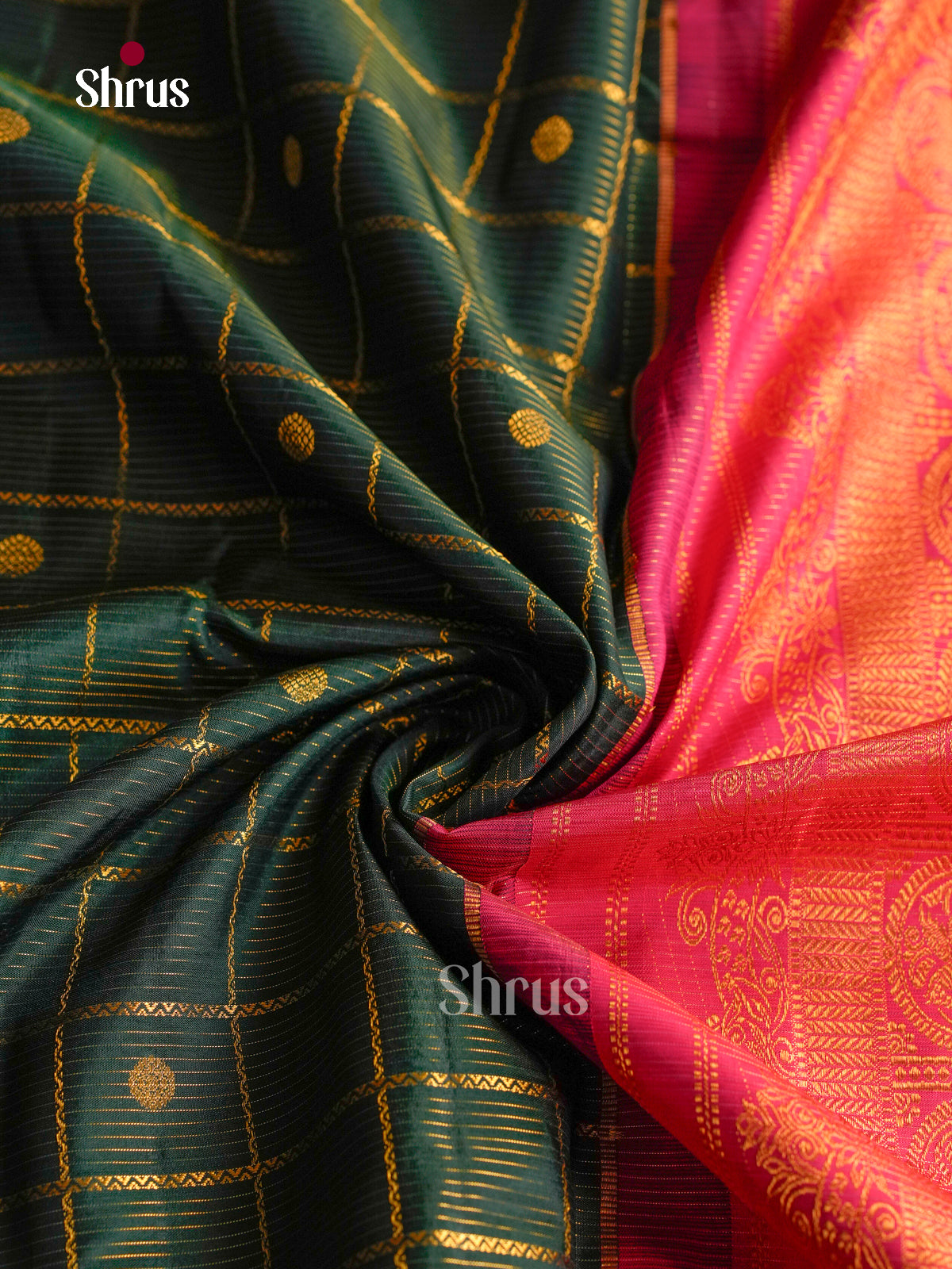 Sheeny Bottle Green Kanchi Pattu Saree With Zari Checks, Stripes & Buttas | Pink Zari Border & Paisley Pallu