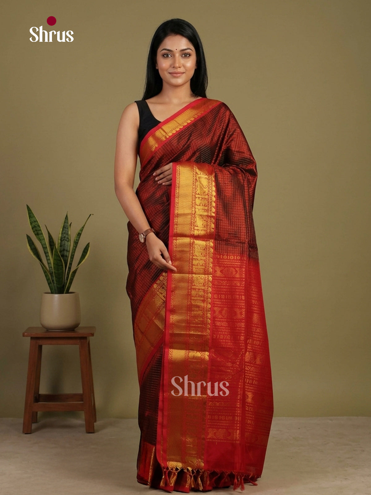 Sheeny Brown Checked Silk Cotton Saree with Red Traditional Zari Border