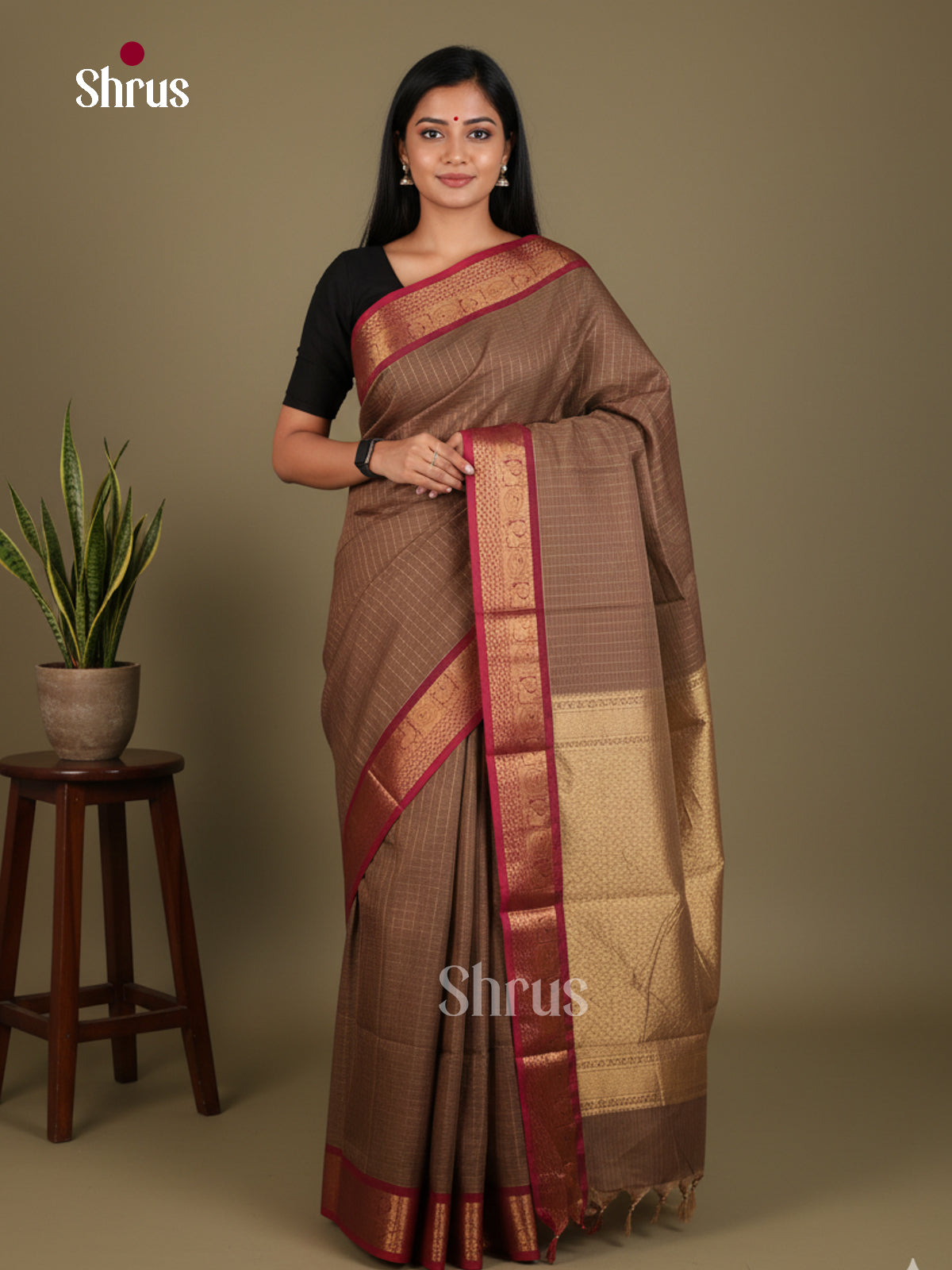 Sheeny Brown Chettinad Cotton Saree With Gold Stripes, Maroon Border & Brocade Pallu