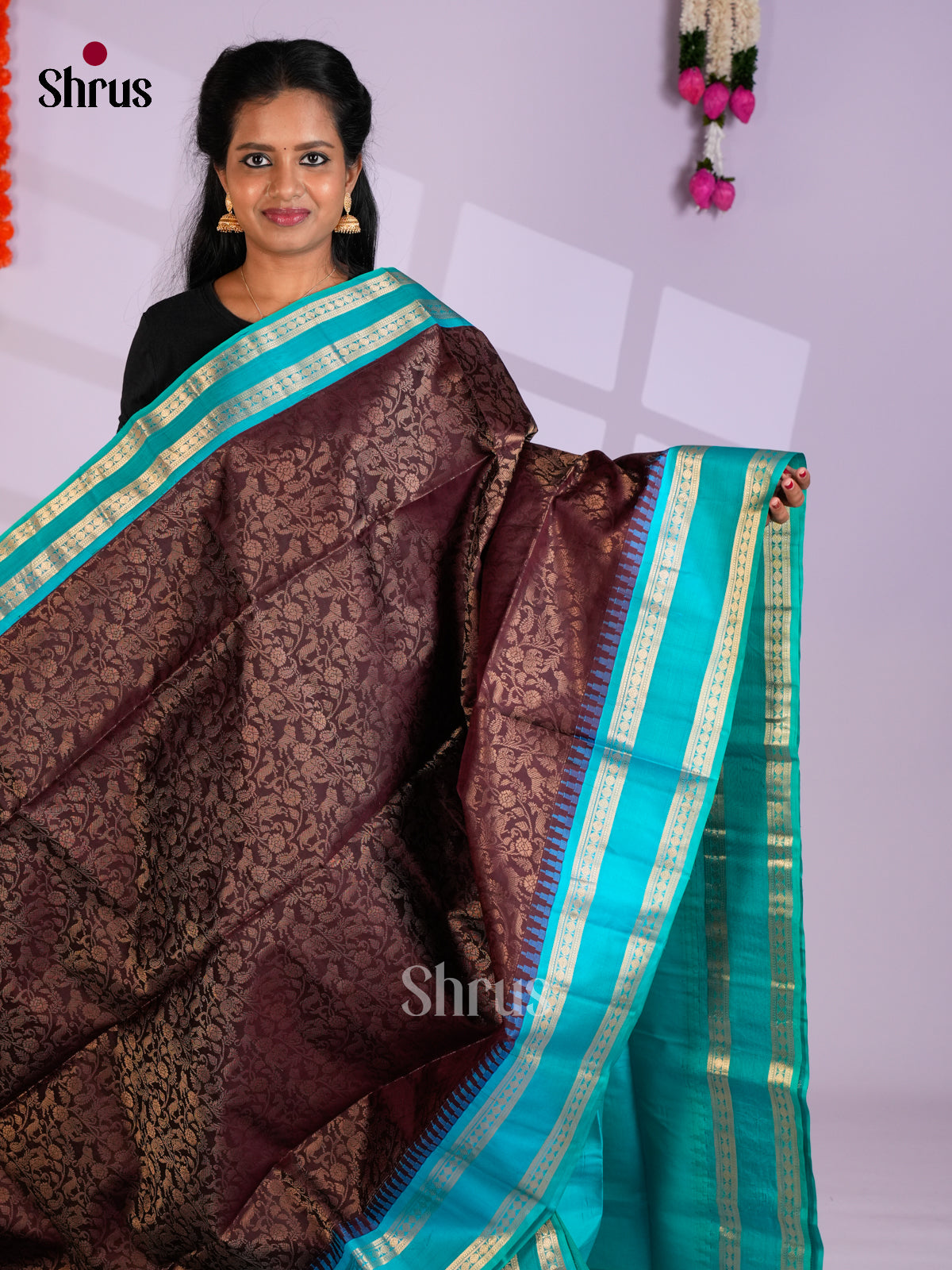 Buy Sheeny Brown Pure Soft Silk Saree with Vanashigaram Zari Brocade & Turquoise Rettaipet Border