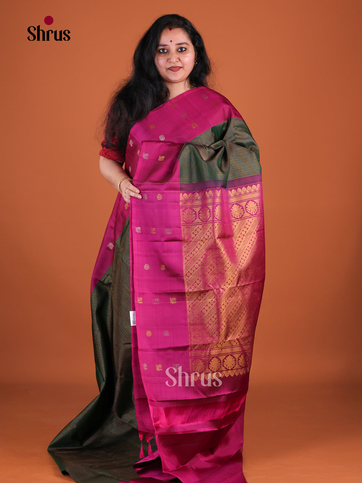 Sheeny Dark Green Kanchipuram Saree With Intricate Zari Stripes | Dark Pink Border With Silver & Gold Buttas