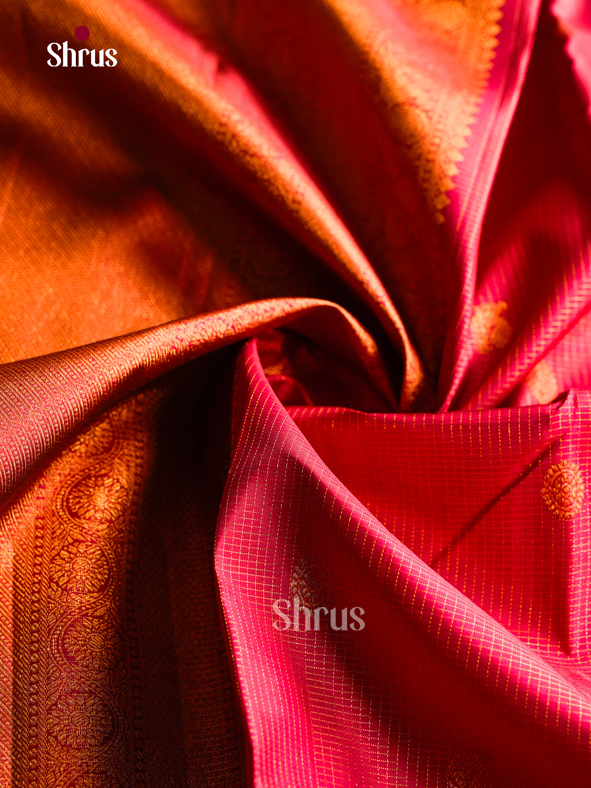 Sheeny Dark Red Kanchi Pattu Saree With Fine Checks & Buttas | Self Broad Zari Border & Brocade Pallu