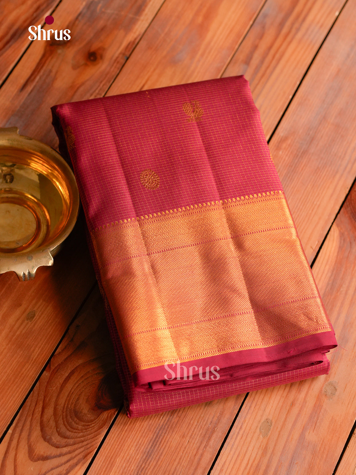 Sheeny Dark Red Kanchipuram Silk Saree With Fine Checks & Buttas | Self Broad Zari Border & Brocade Pallu