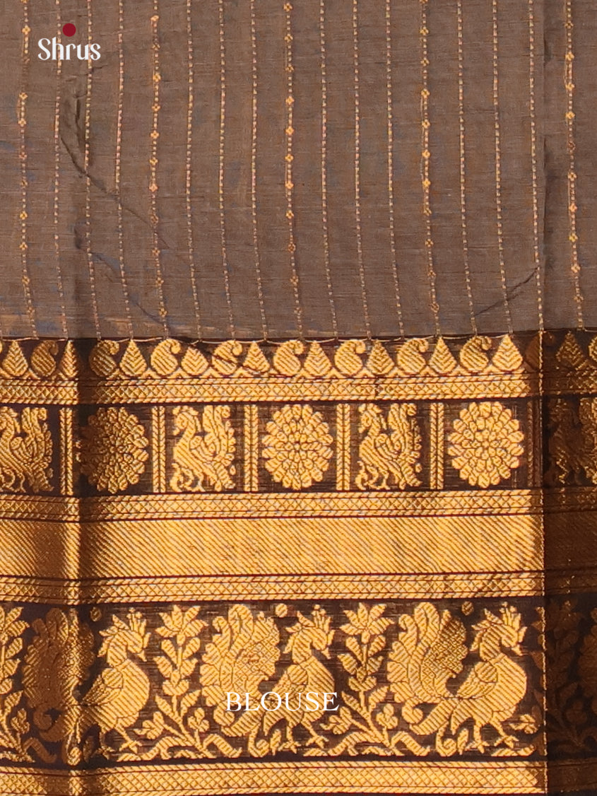 Sheeny Grey Chettinad Cotton Sarees With Golden Stripes & Black Grand Zari Woven Pallu