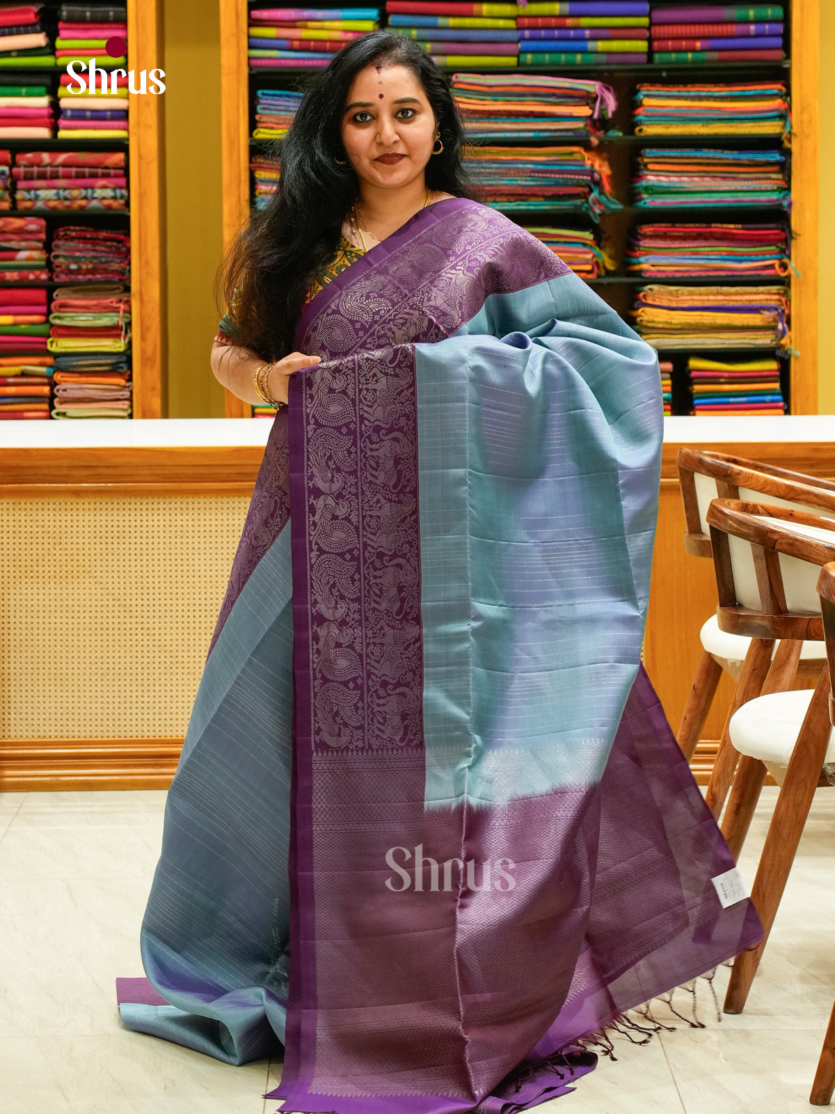 Sheeny Ice Blue Soft Silk Saree with Dotted Silver Lines | Dark Violet Contrast Border