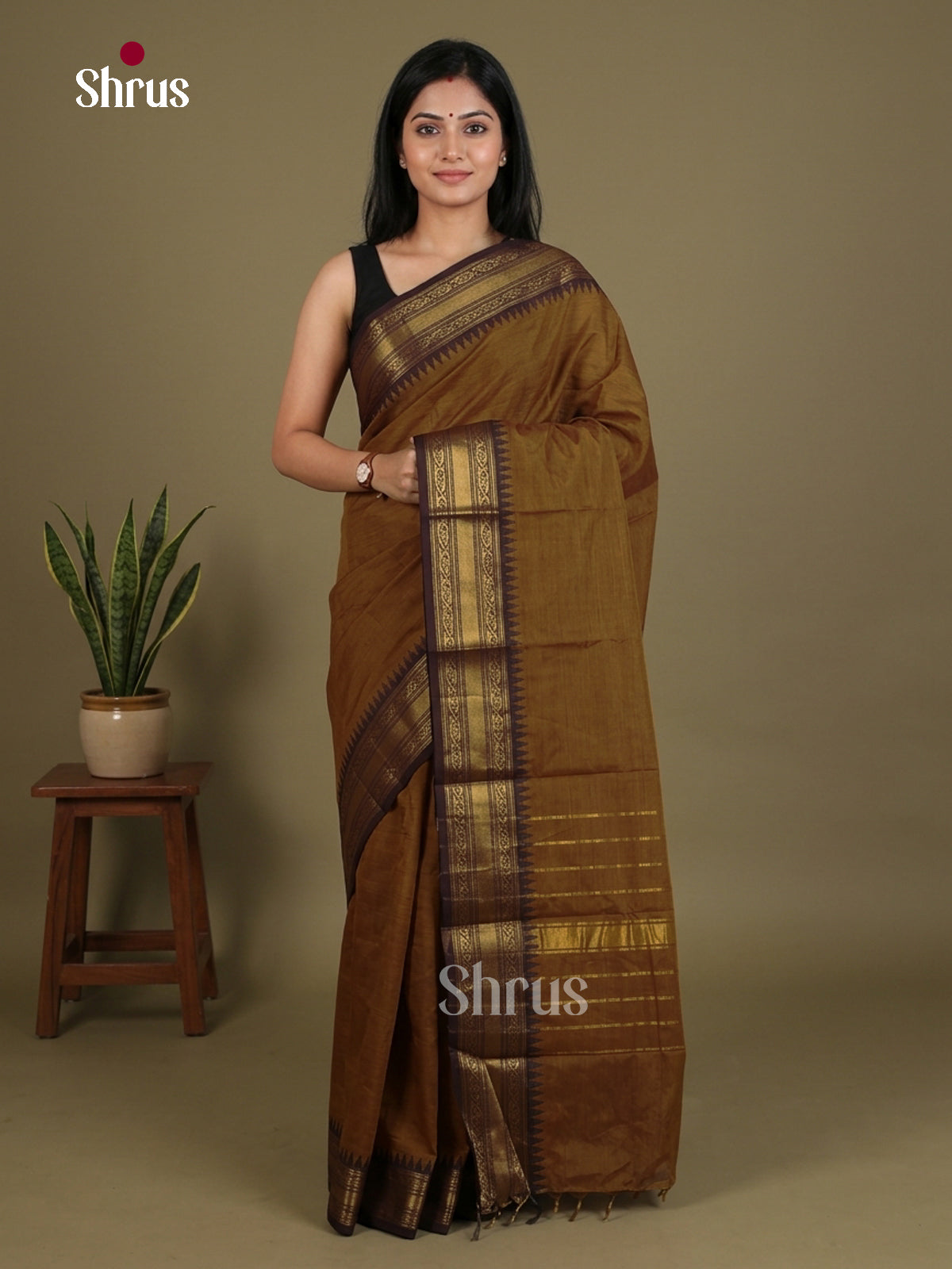 Sheeny Light Brown Chettinad Cotton Saree With Dark Brown Zari Woven Temple Border