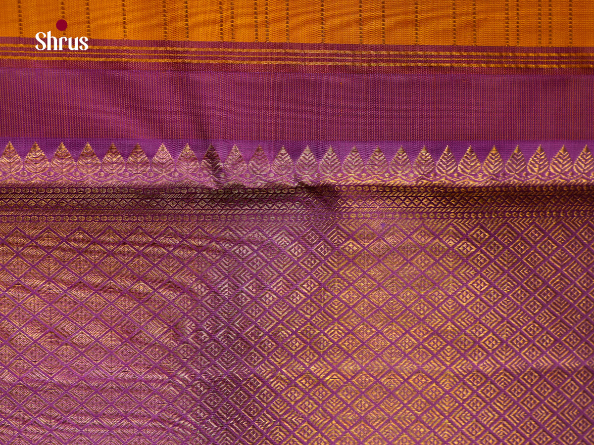 Sheeny Mango Yellow Kanchi Pattu Saree With Fine Checks | Purple Temple Zari Border & Brocade Pallu