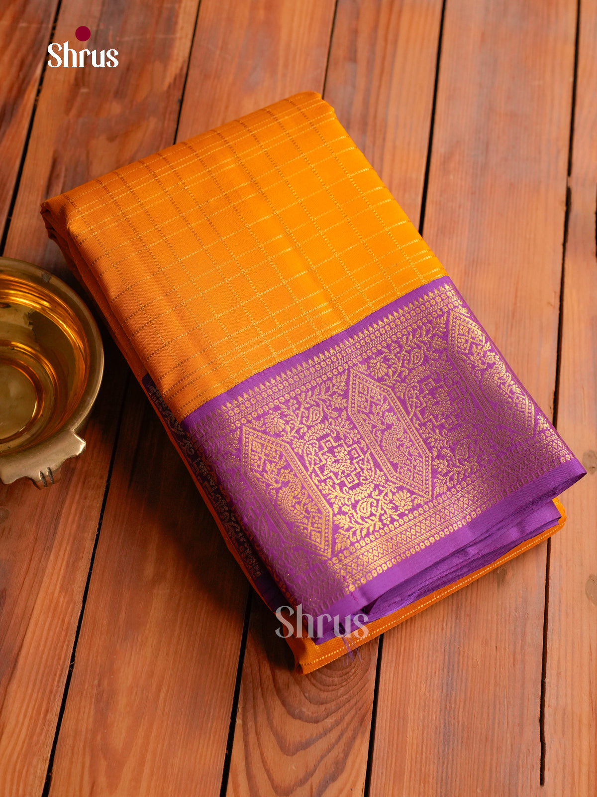 Sheeny Mango Yellow Kanchipuram Silk Saree With Fine Checks | Purple Temple Zari Border & Brocade Pallu