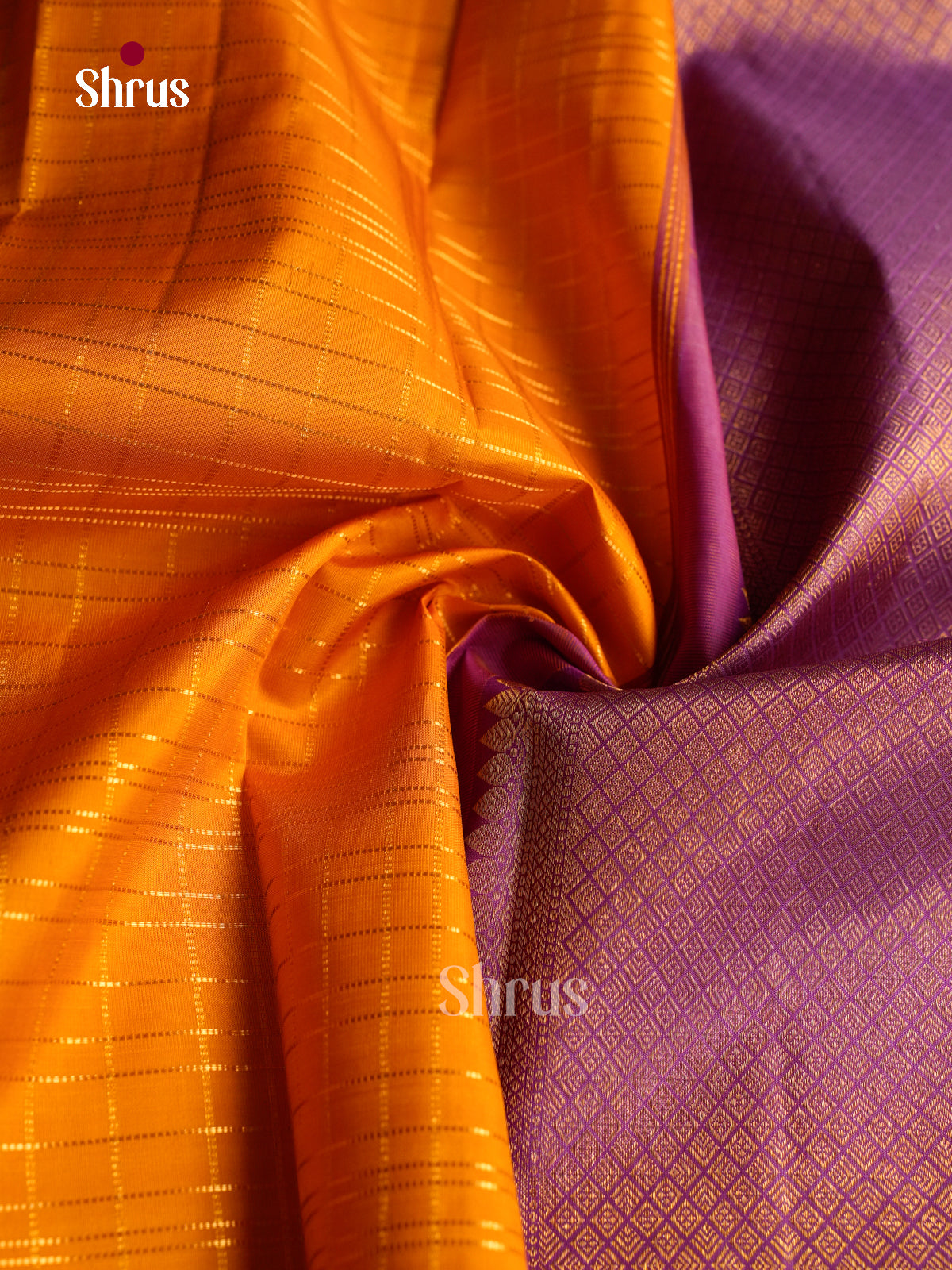 Sheeny Mango Yellow Silk Saree With Fine Checks | Purple Temple Zari Border & Brocade Pallu