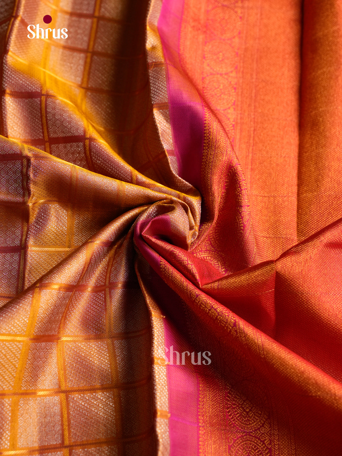 Sheeny Mustard Pattu Saree With Zari Geometric Patterns In Box | Deep Pink Zari Border & Pallu