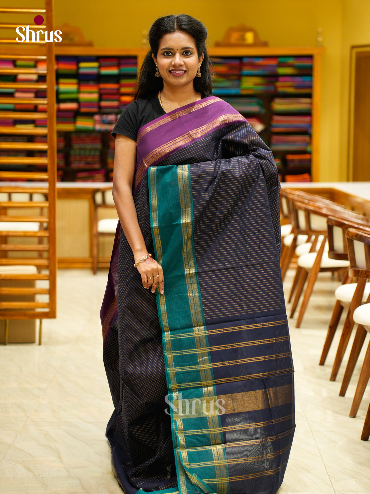 Sheeny Navy Blue Chettinad Cotton Saree With Zari Stripes & Ganga Jamuna Rettapet Border