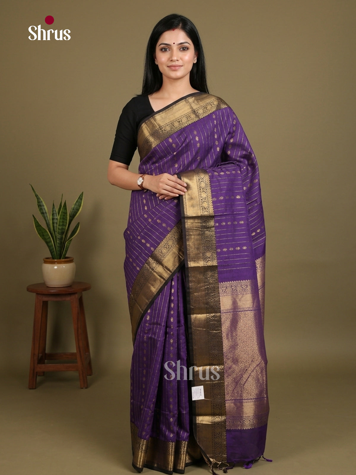 Sheeny Purple Chettinad Cotton Saree With Golden Stripes, Floral Buttas & Brocade Pallu