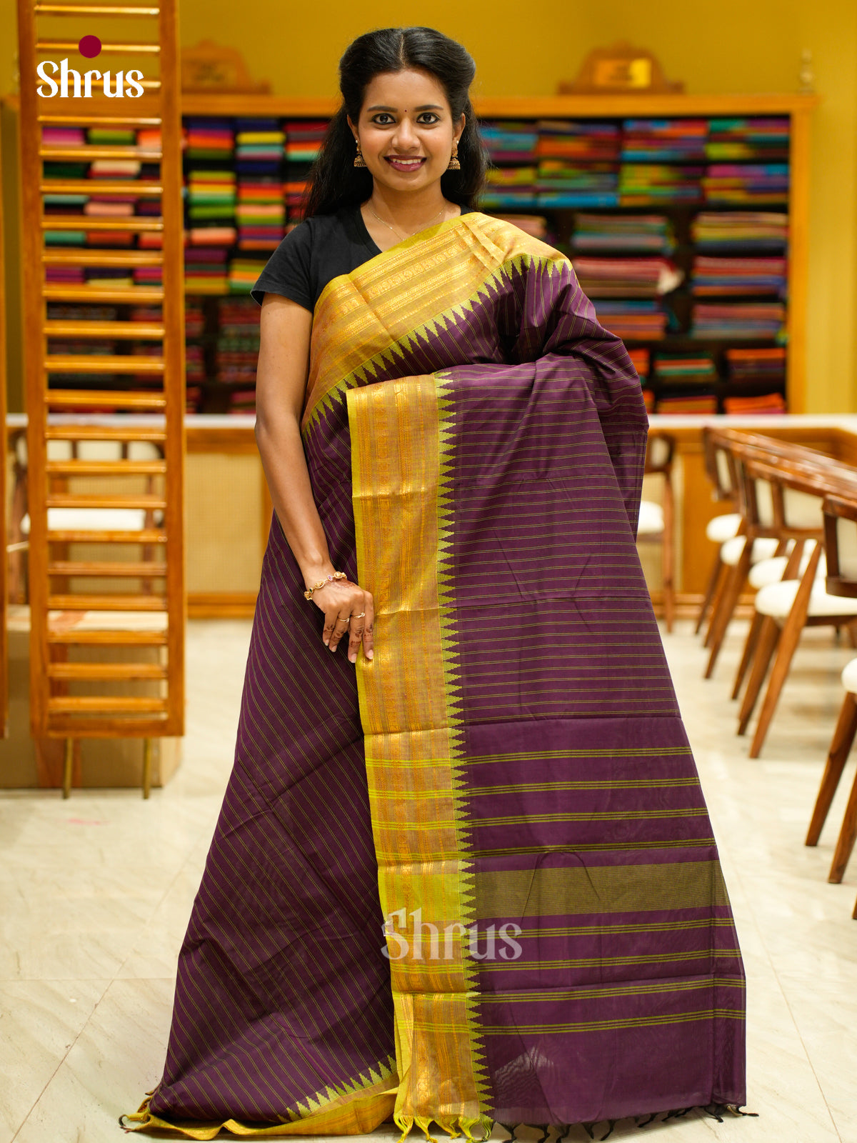 Sheeny Purple Chettinad Cotton Saree With Yellow Stripes & Mustard Temple Zari Border