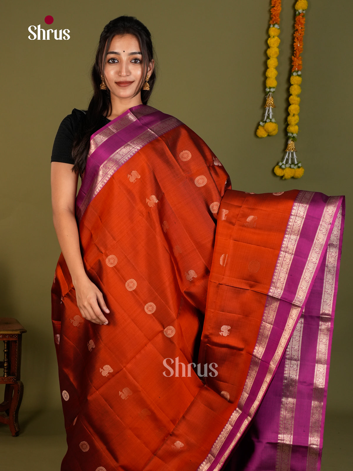 Sheeny Rust Orange Soft Silk Sarees With Zari Buttas, Magenta Rettapet Border & Brocade Pallu