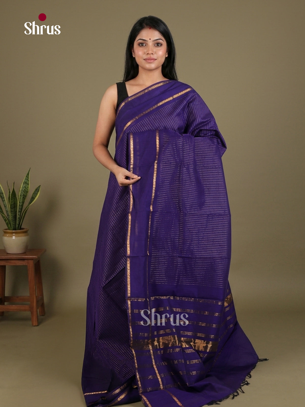 Sheeny Violet Chettinad Cotton Saree With Stripee, Rettapet Zari Border & Traditional Pallu