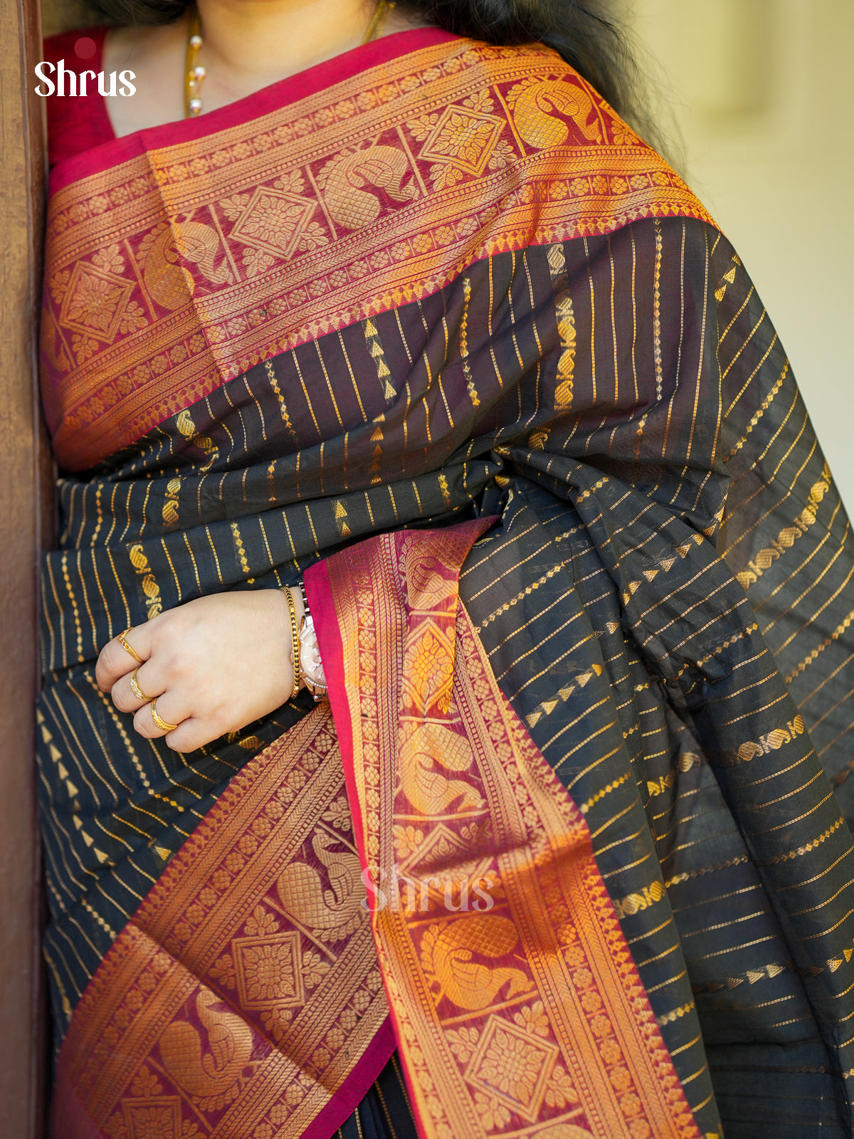 Shimmery Black Chettinad Cotton Sarees With Golden Stripes & Maroon Zari Woven Border