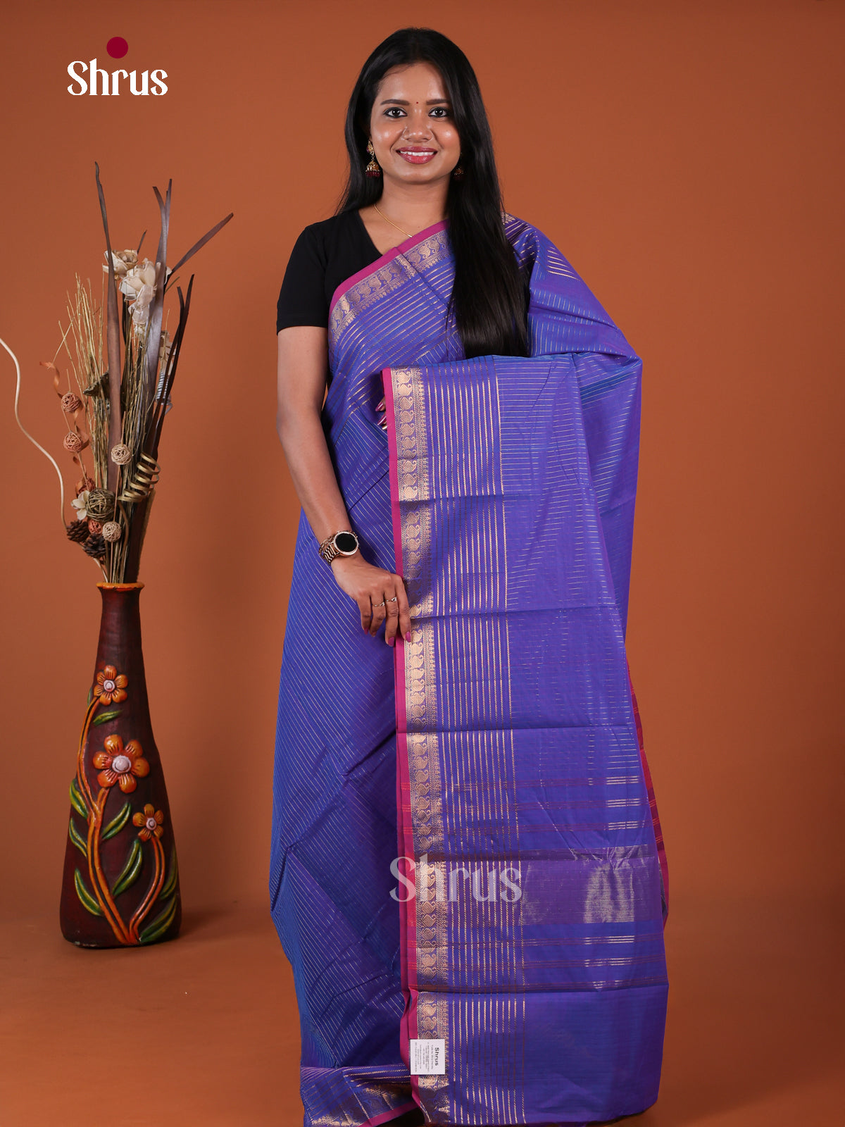 Shimmery Blue Chettinad Cotton Saree With Diagonal Stripes & Traditional Pallu