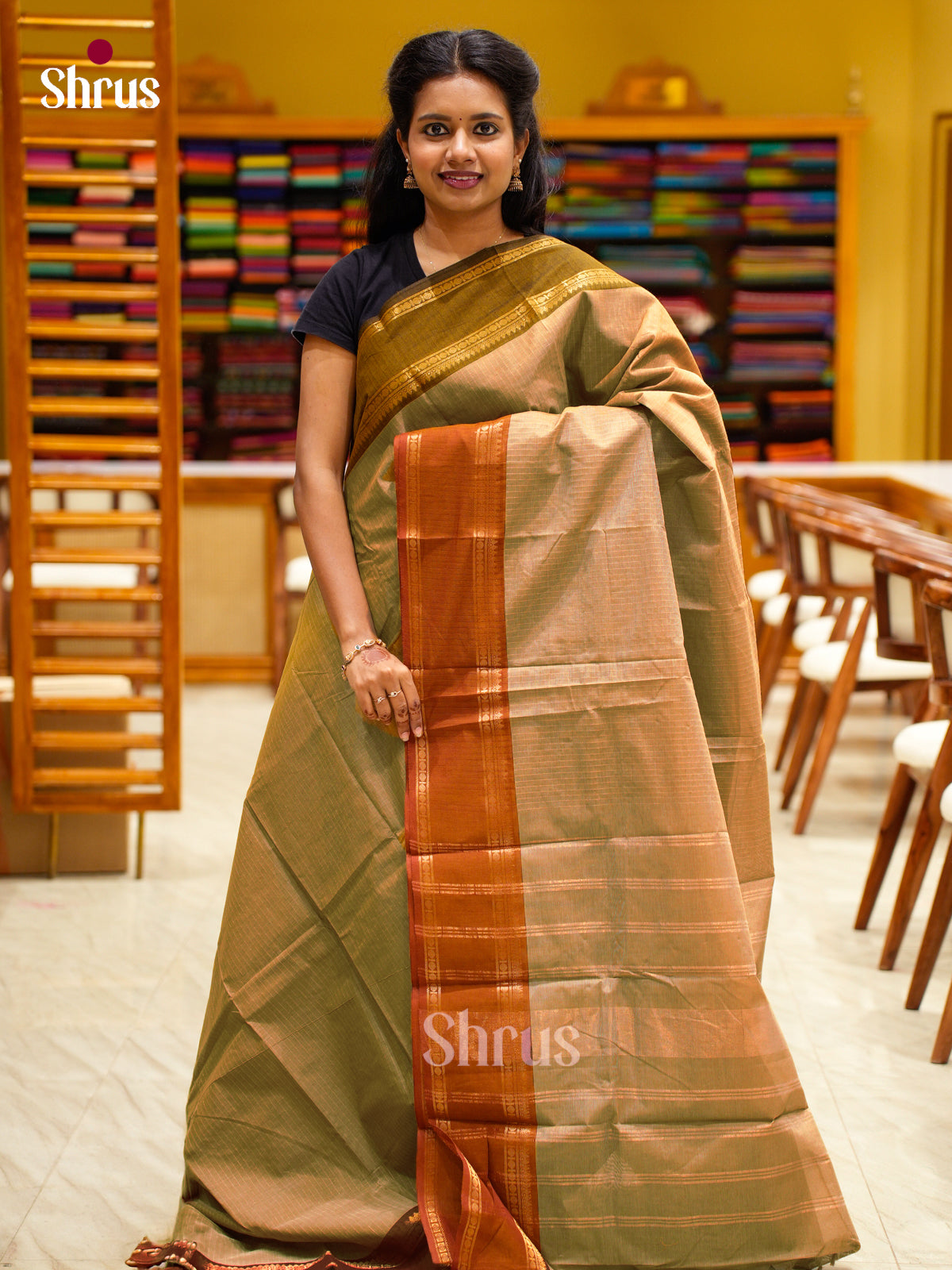 Chettinad Cotton Saree With Zari Stripes & Ganga Jamuna Rettapet Border - Shop on Shrus.com
