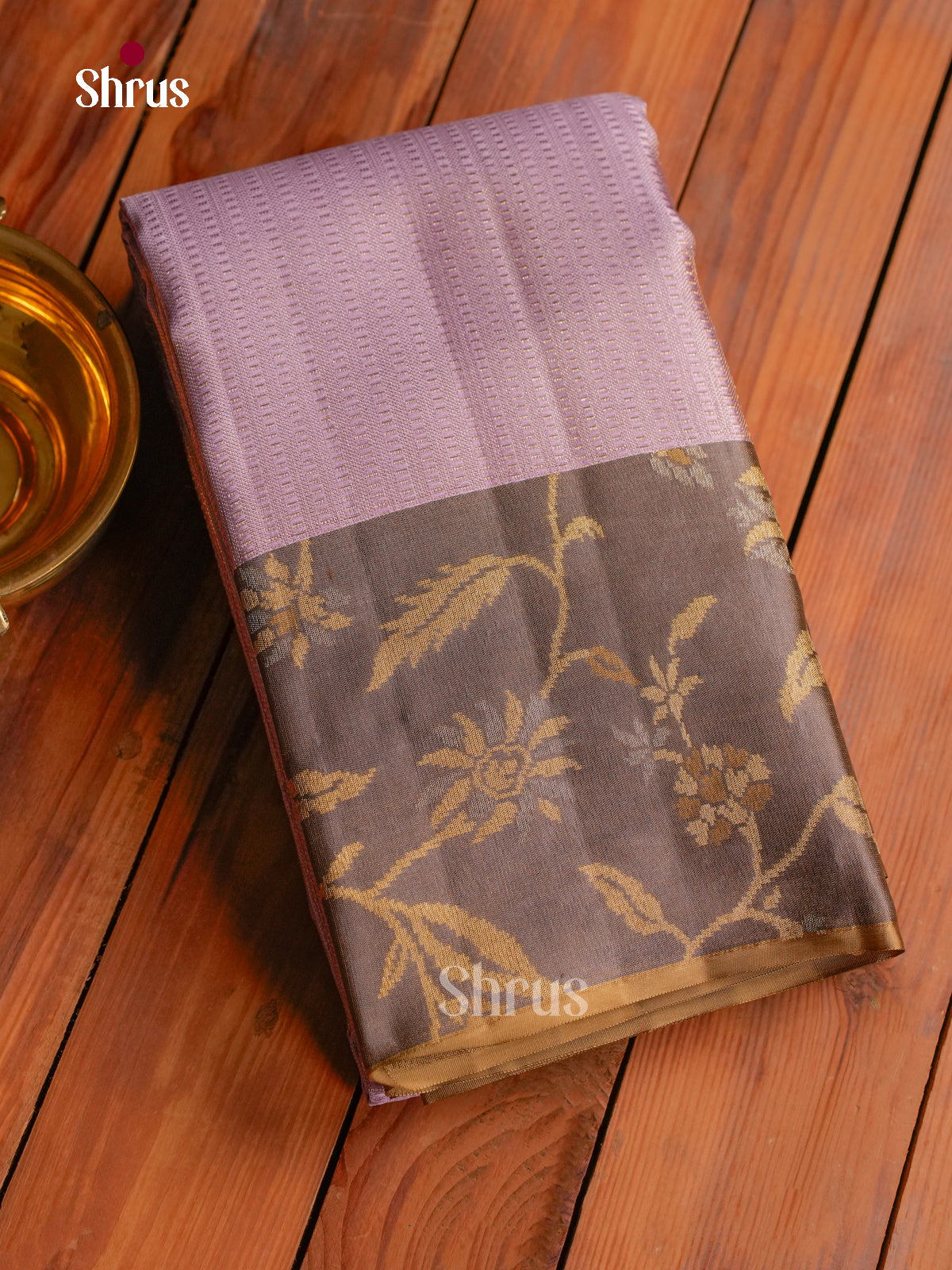 Shimmery Lilac Kanchipuram Silk Saree With Textured Gold Stripes | Charcoal Grey With Zari Floral Vines