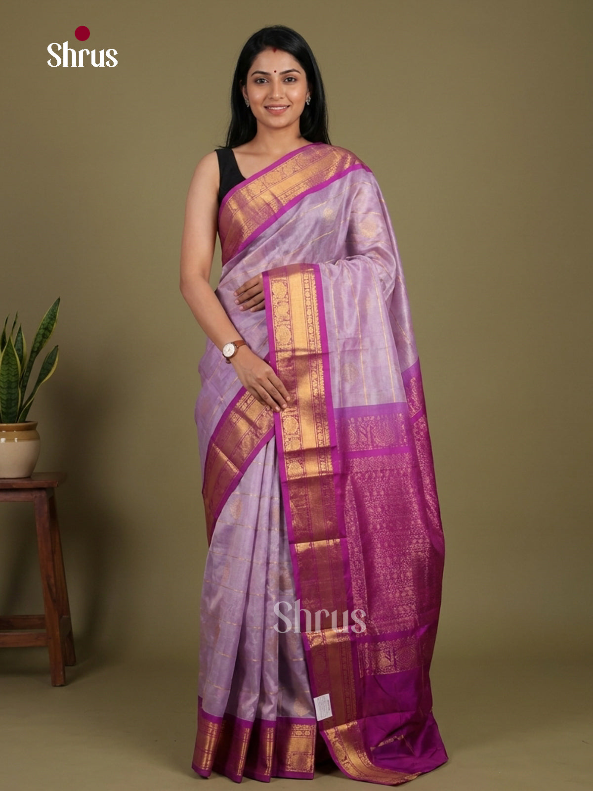 Shimmery Lilac Silk Cotton Saree with Gold Checks, Buttas & Magenta Zari Border