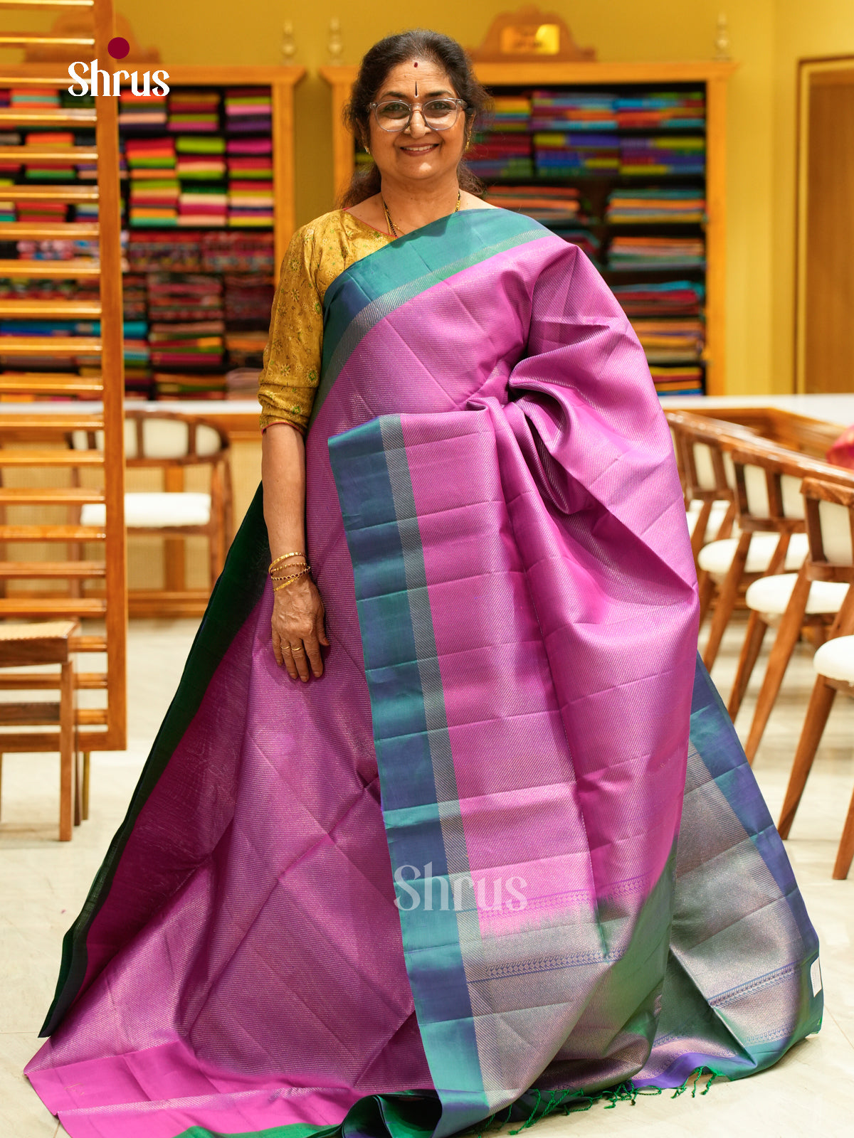 Shimmery Magenta Soft Silk Saree with Intricate Stripes | Teal Green Contrast Border