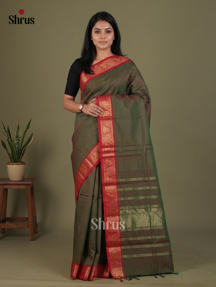 Shimmery Olive Green Chettinad Cotton Saree With Golden Stripes & Red Small Zari Border