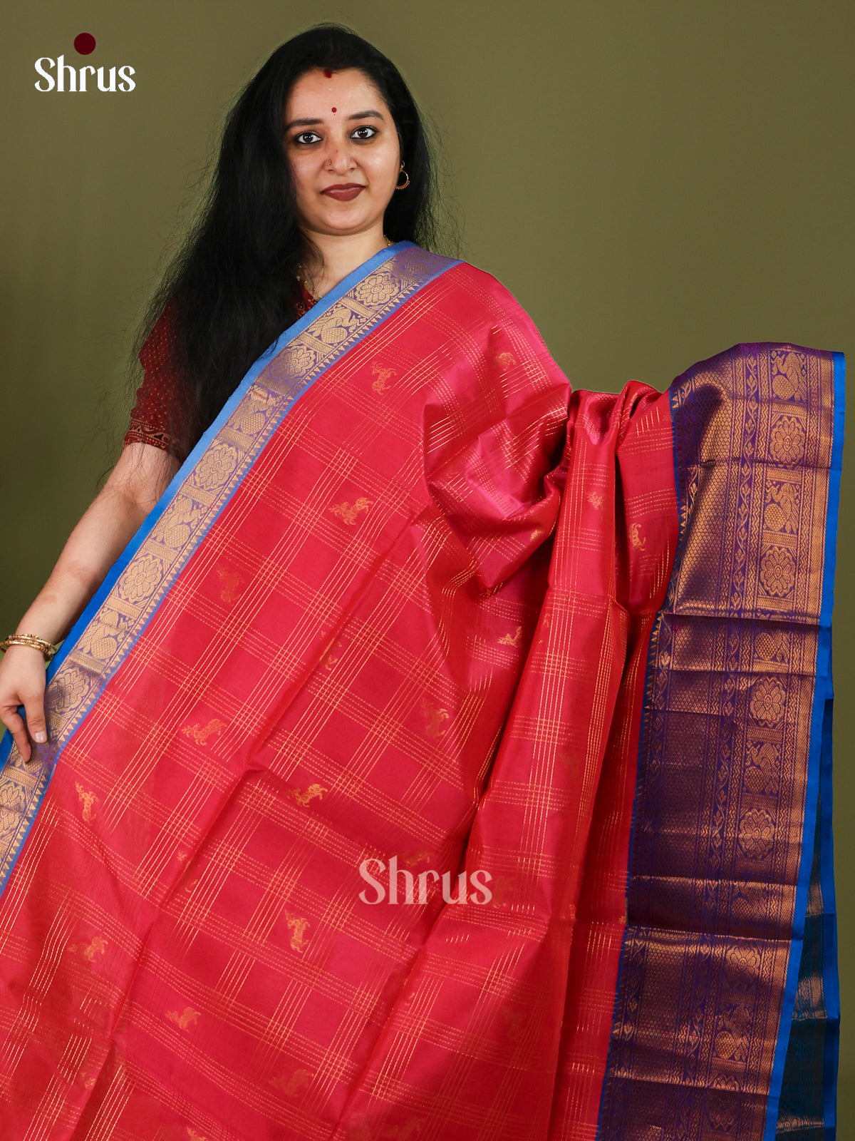 Shimmery Pink Cotton Silk Saree With Grids, Buttas, Sky Blue Broad Zari Border & Brocade Pallu 1