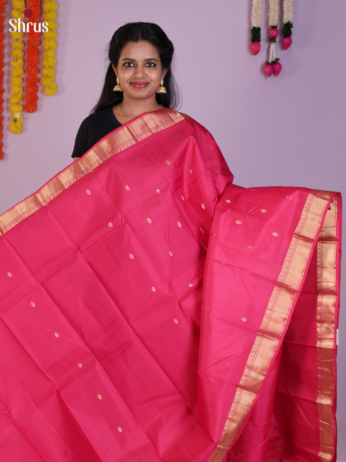 Shimmery Pink Kanchipuram Silk Sarees with Gold Buttas & Brocade Zari Pallu