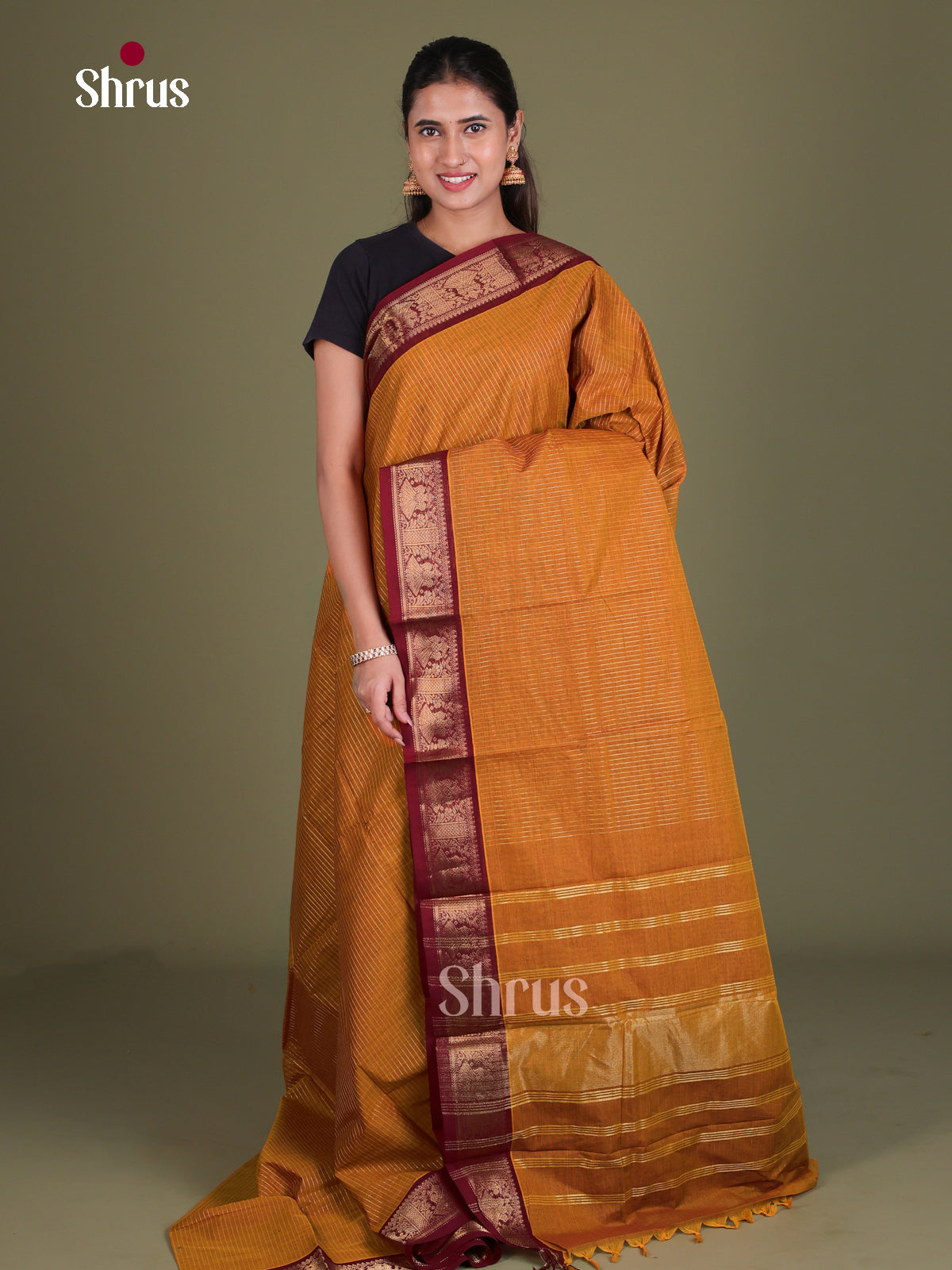 Shiny Mustard Chettinad Cotton Saree With Gold Stripes & Red Zari Border & Traditional Pallu - Shop on Shrus.com