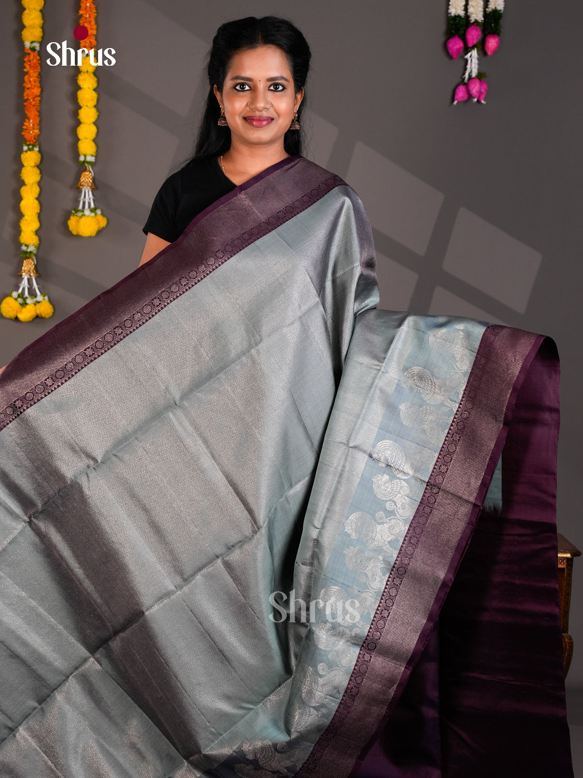 Buy Shimmery Silver Pure Soft Silk Saree With Floral Jacquard Weave & Purple Border And Pallu