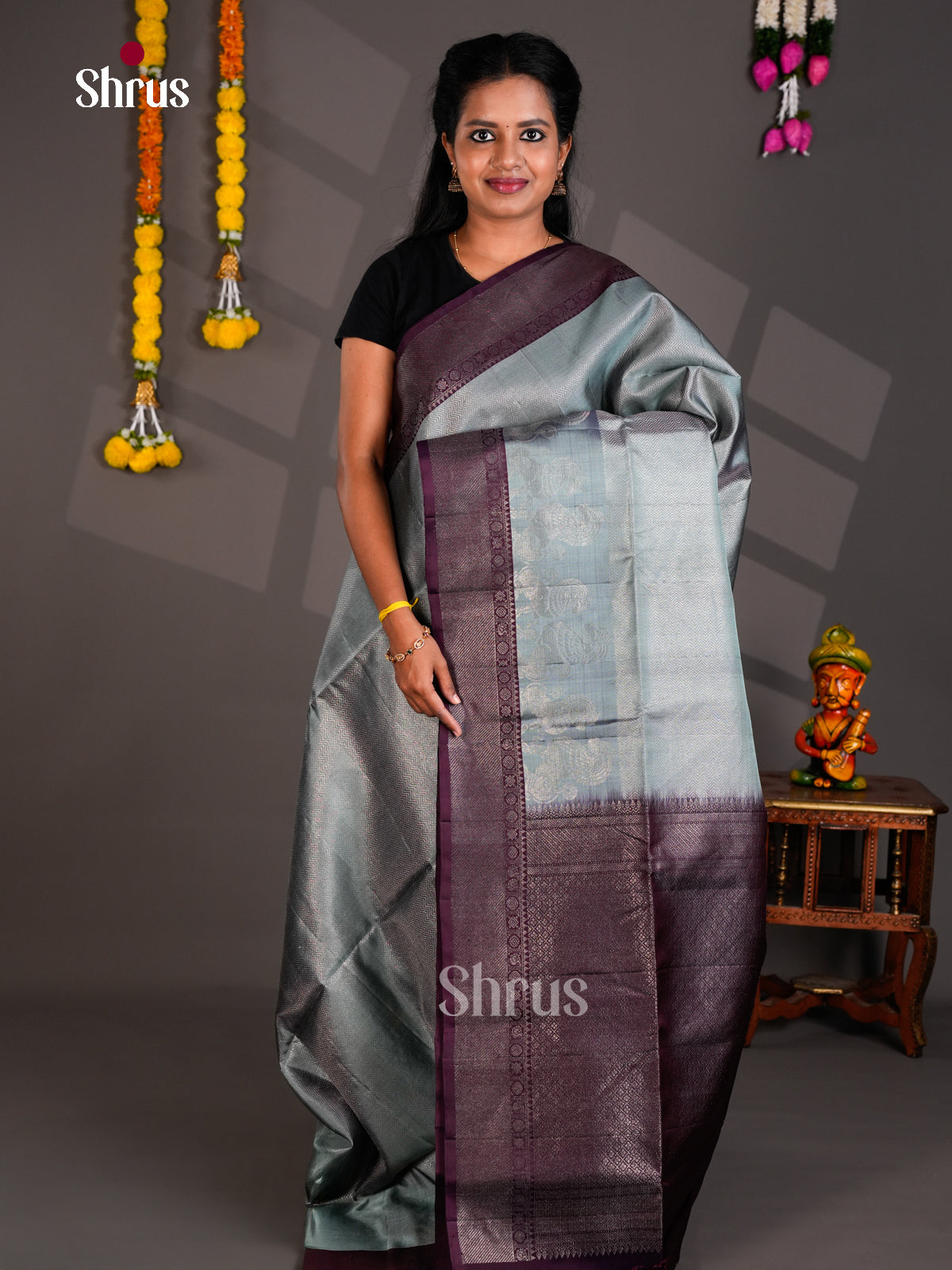 Buy Shimmery Silver Soft Silk Saree With Floral Jacquard Weave & Purple Border And Pallu