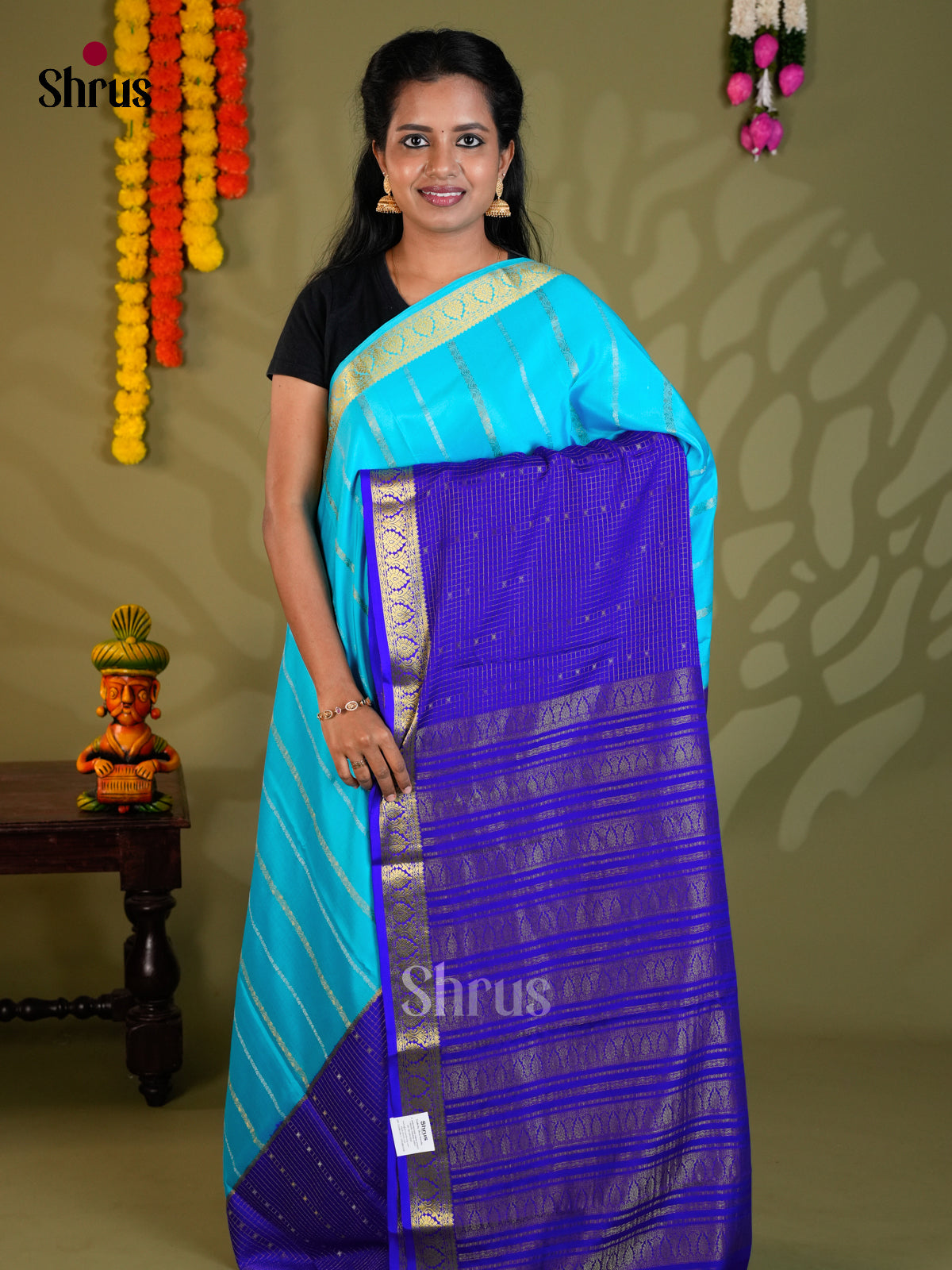 Buy Celestial Sky Blue Half & Half Mysore Silk Saree with Gold Stripes, Blue Checks & Zari Pallu