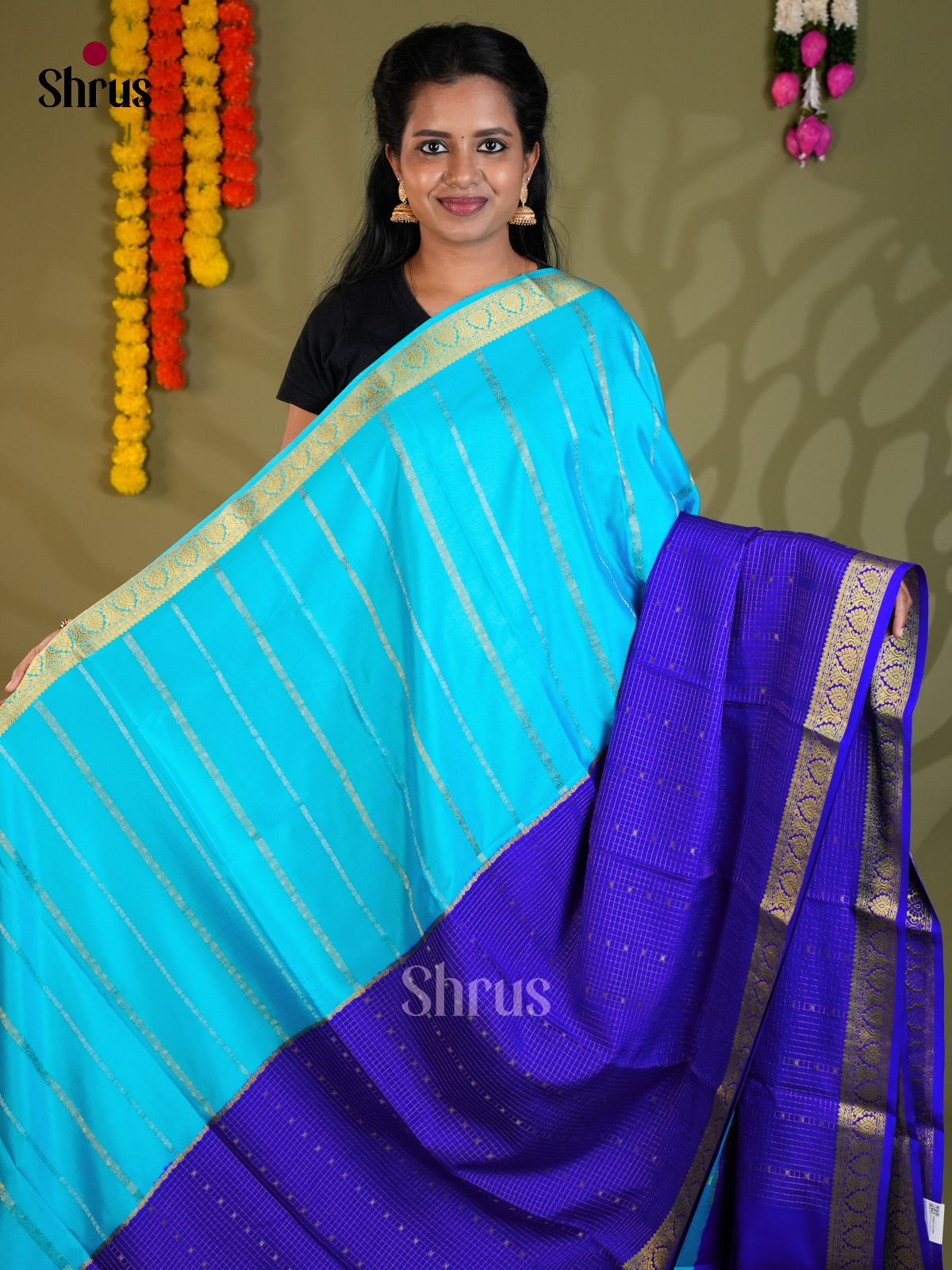 Buy Celestial Sky Blue Half & Half Mysore Silk Sarees with Gold Stripes, Blue Checks & Zari Pallu